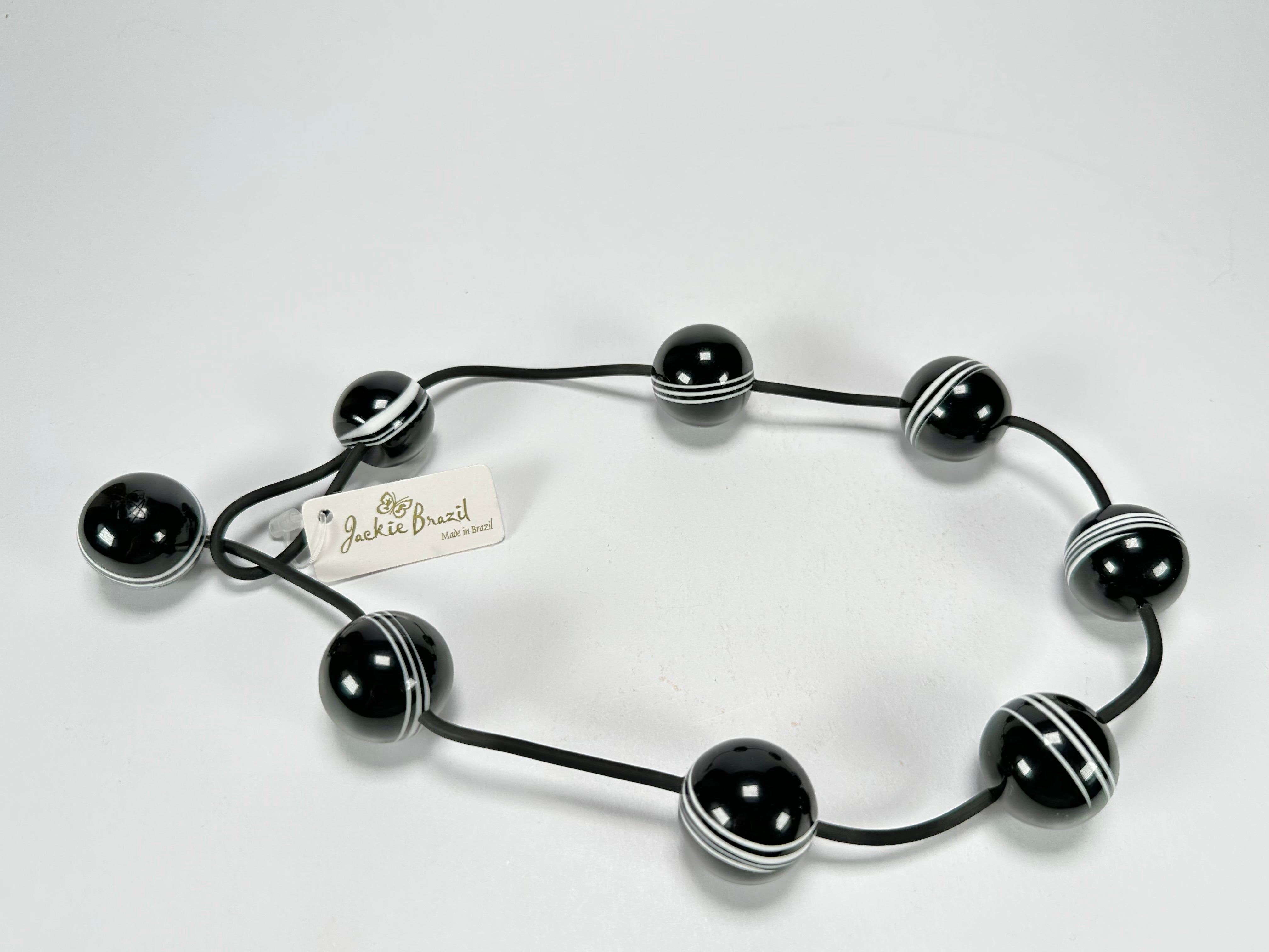 Jackie Brazil "Bar Code" Small Black & White Balls On Cord Resin Necklace ( N2230 )