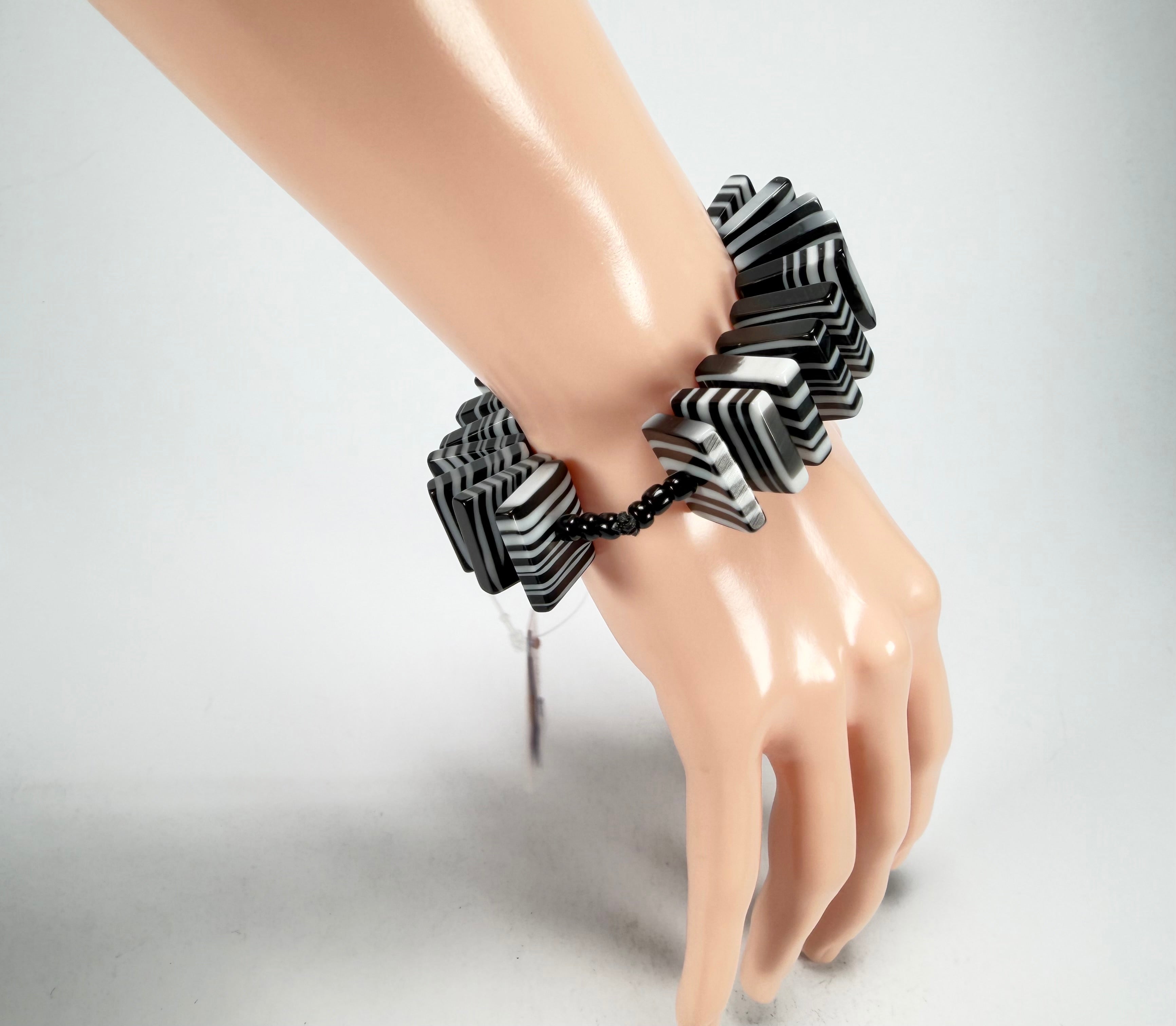 Jackie Brazil "Patricia" Liquorice Squares & Beads Black & White Mix Resin Bracelet ( B0192 )