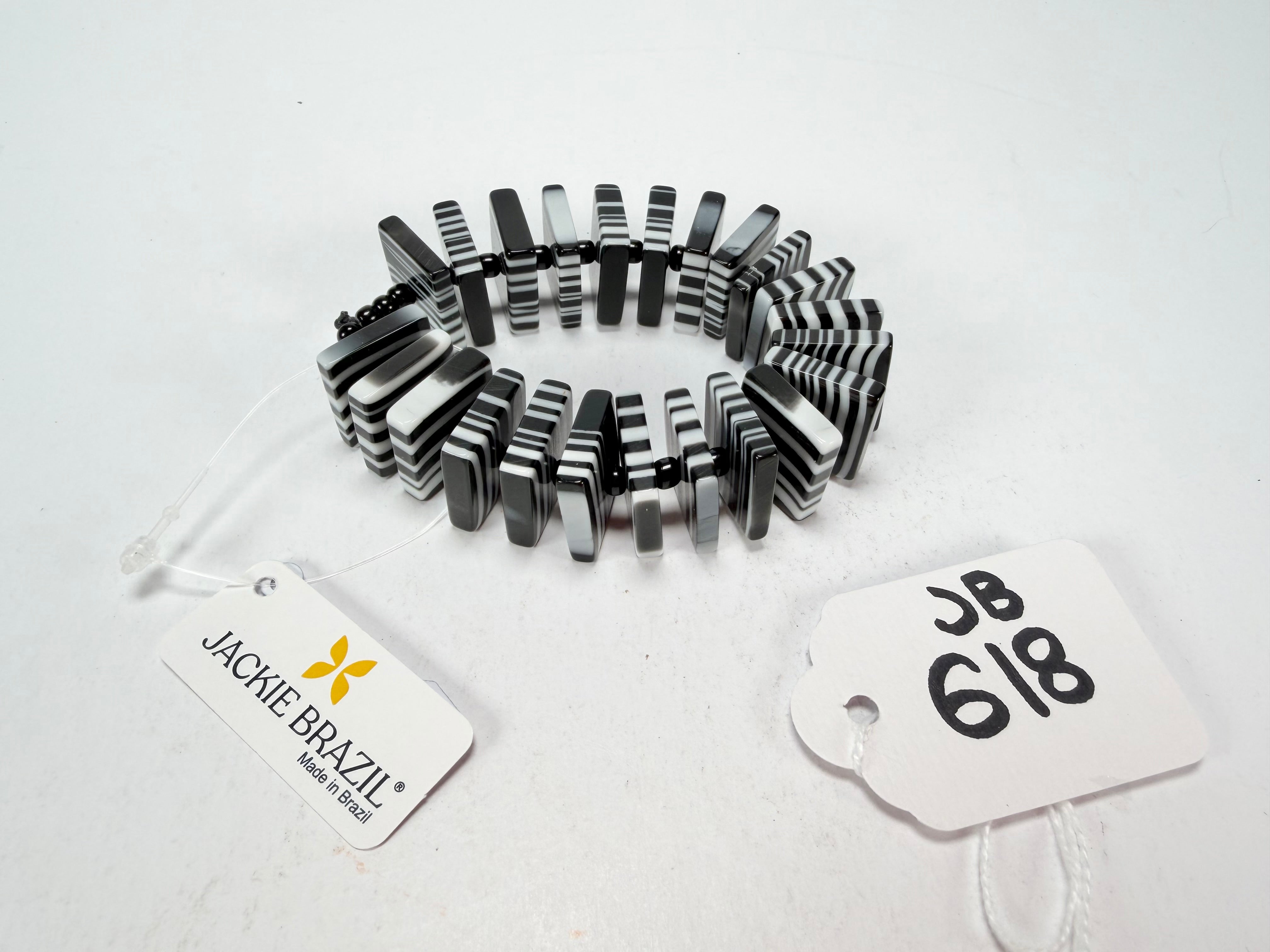 Jackie Brazil "Patricia" Liquorice Squares & Beads Black & White Mix Resin Bracelet ( B0192 )