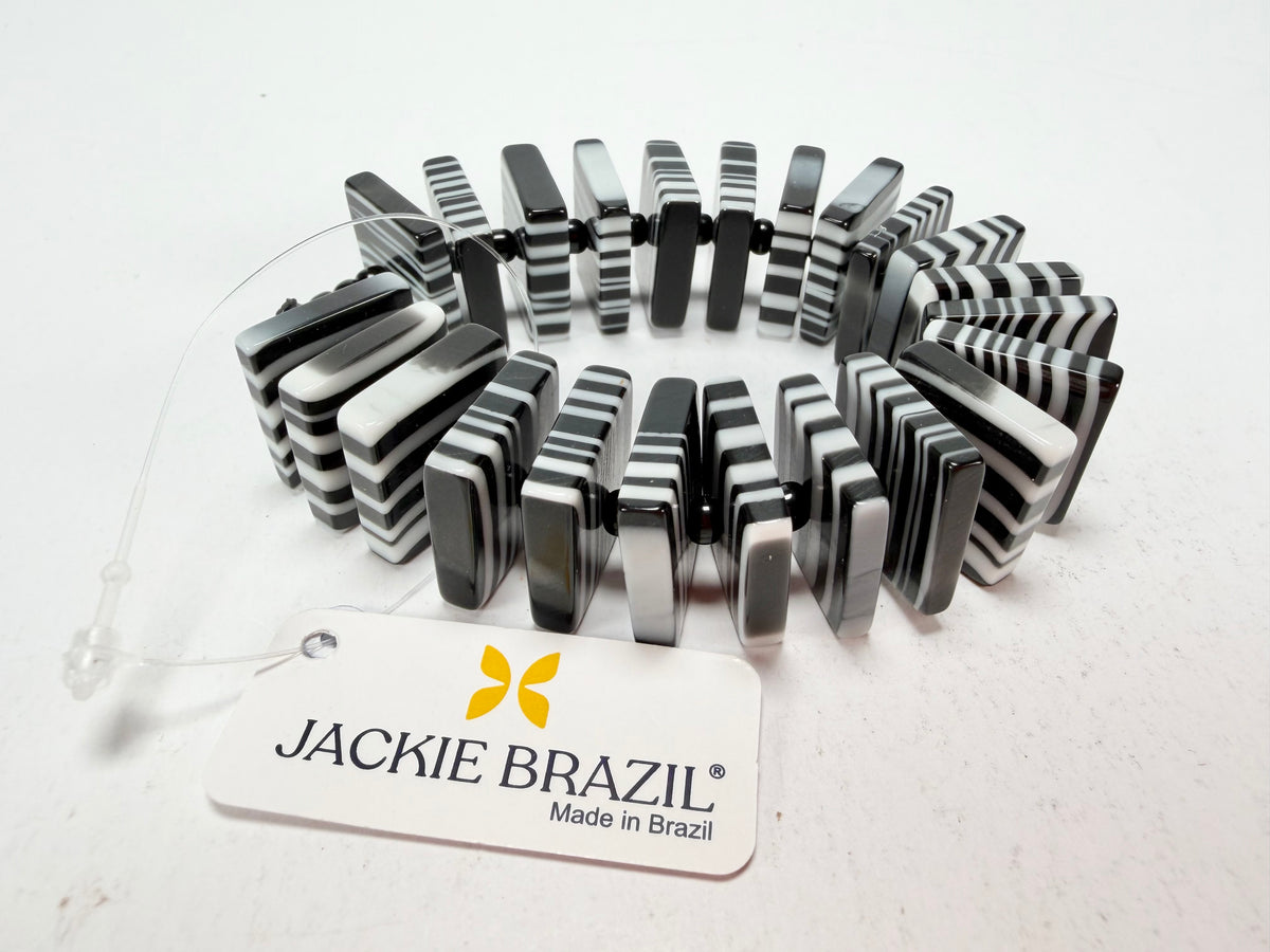 Jackie Brazil "Patricia" Liquorice Squares & Beads Black & White Mix Resin Bracelet ( B0192 )