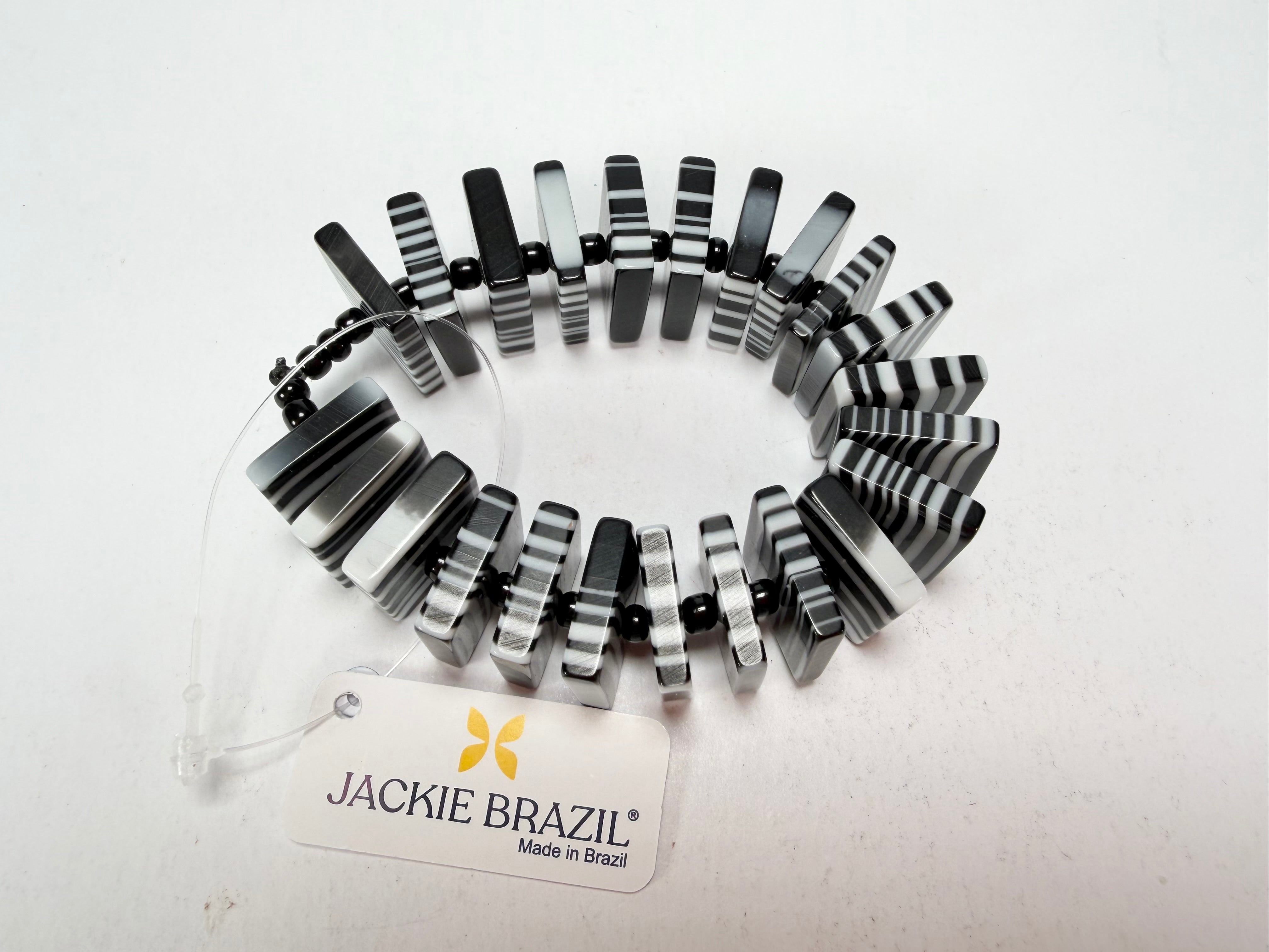 Jackie Brazil "Patricia" Liquorice Squares & Beads Black & White Mix Resin Bracelet ( B0192 )