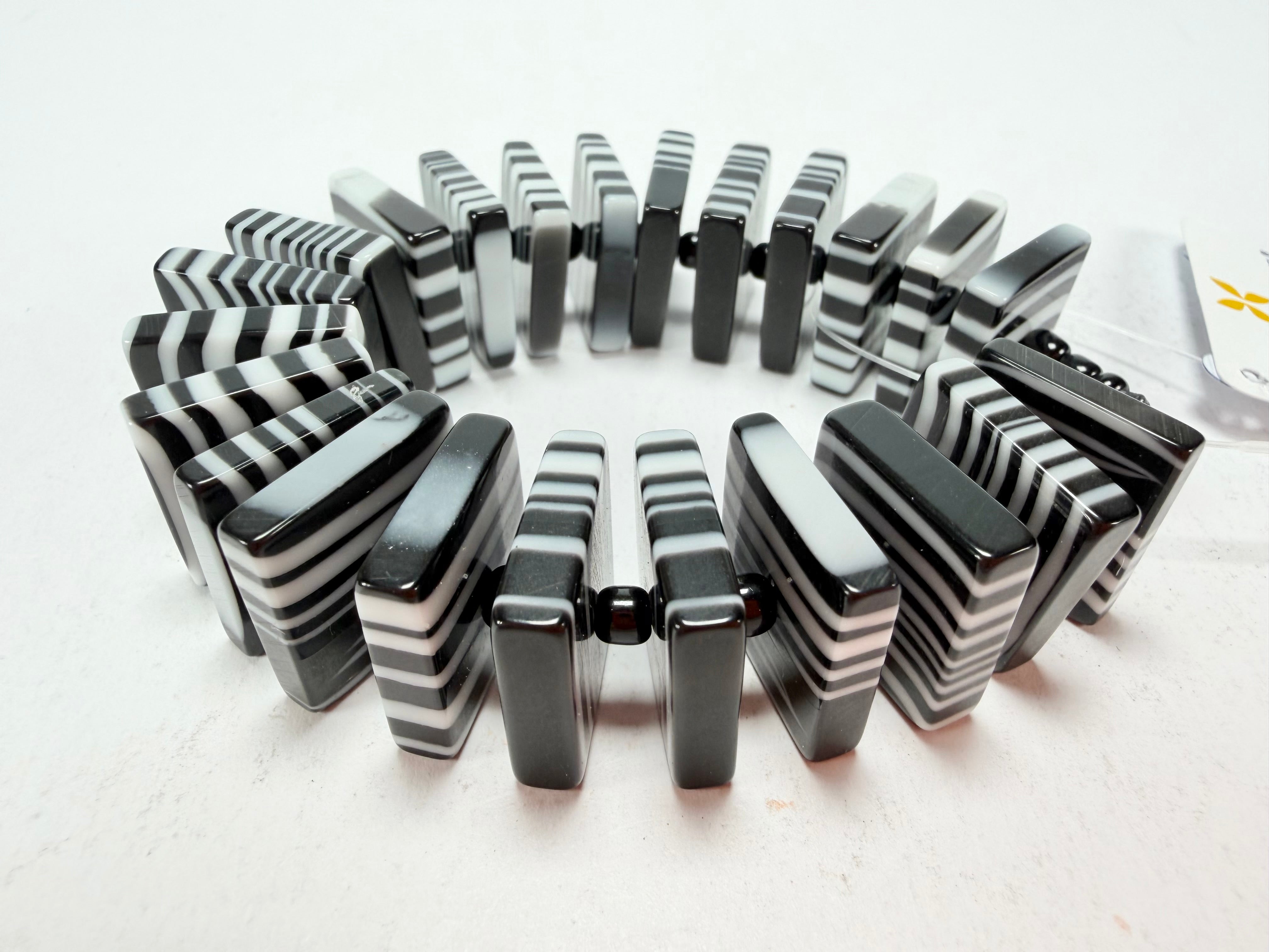 Jackie Brazil "Patricia" Liquorice Squares & Beads Black & White Mix Resin Bracelet ( B0192 )