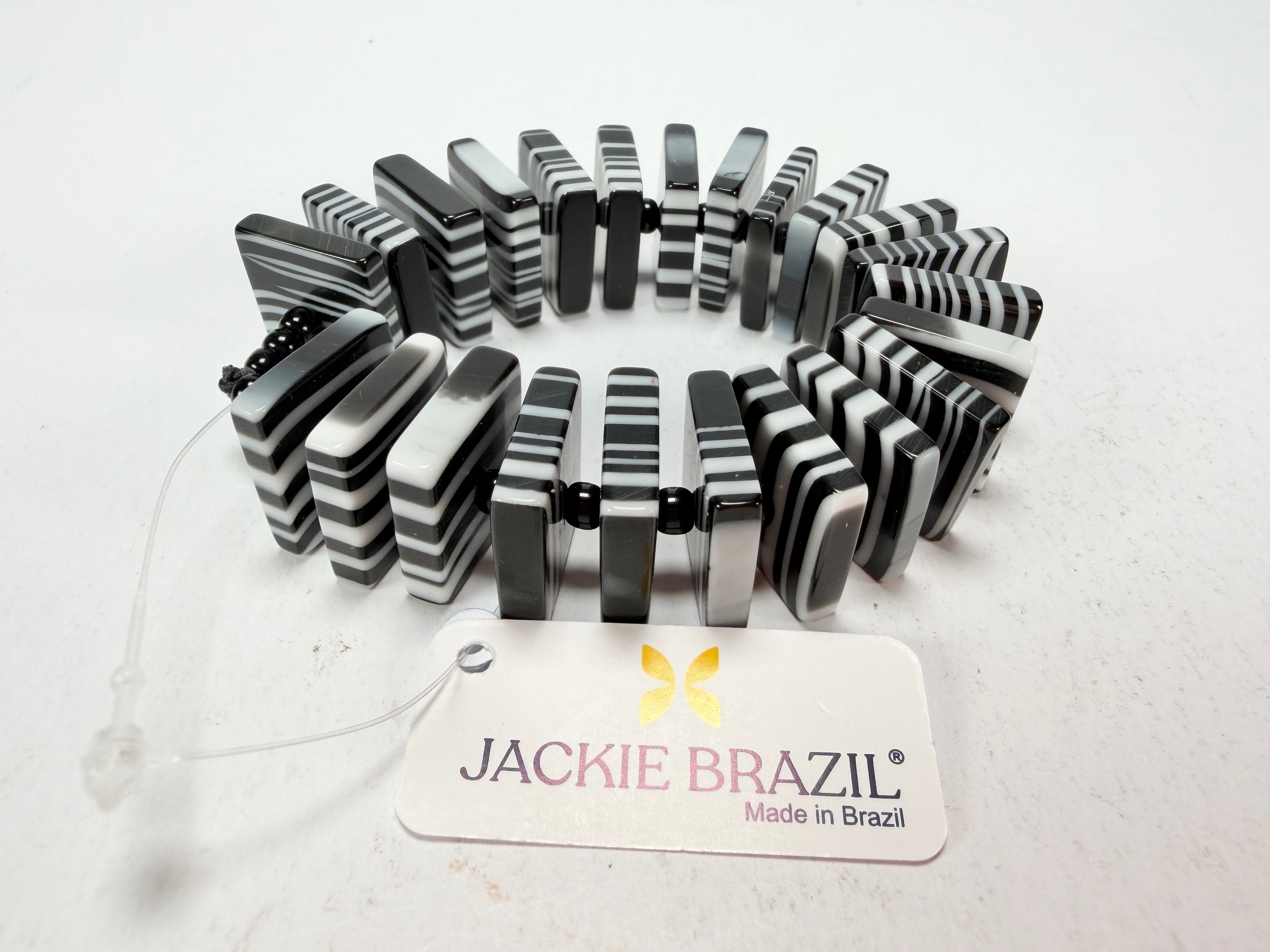Jackie Brazil "Patricia" Liquorice Squares & Beads Black & White Mix Resin Bracelet ( B0192 )
