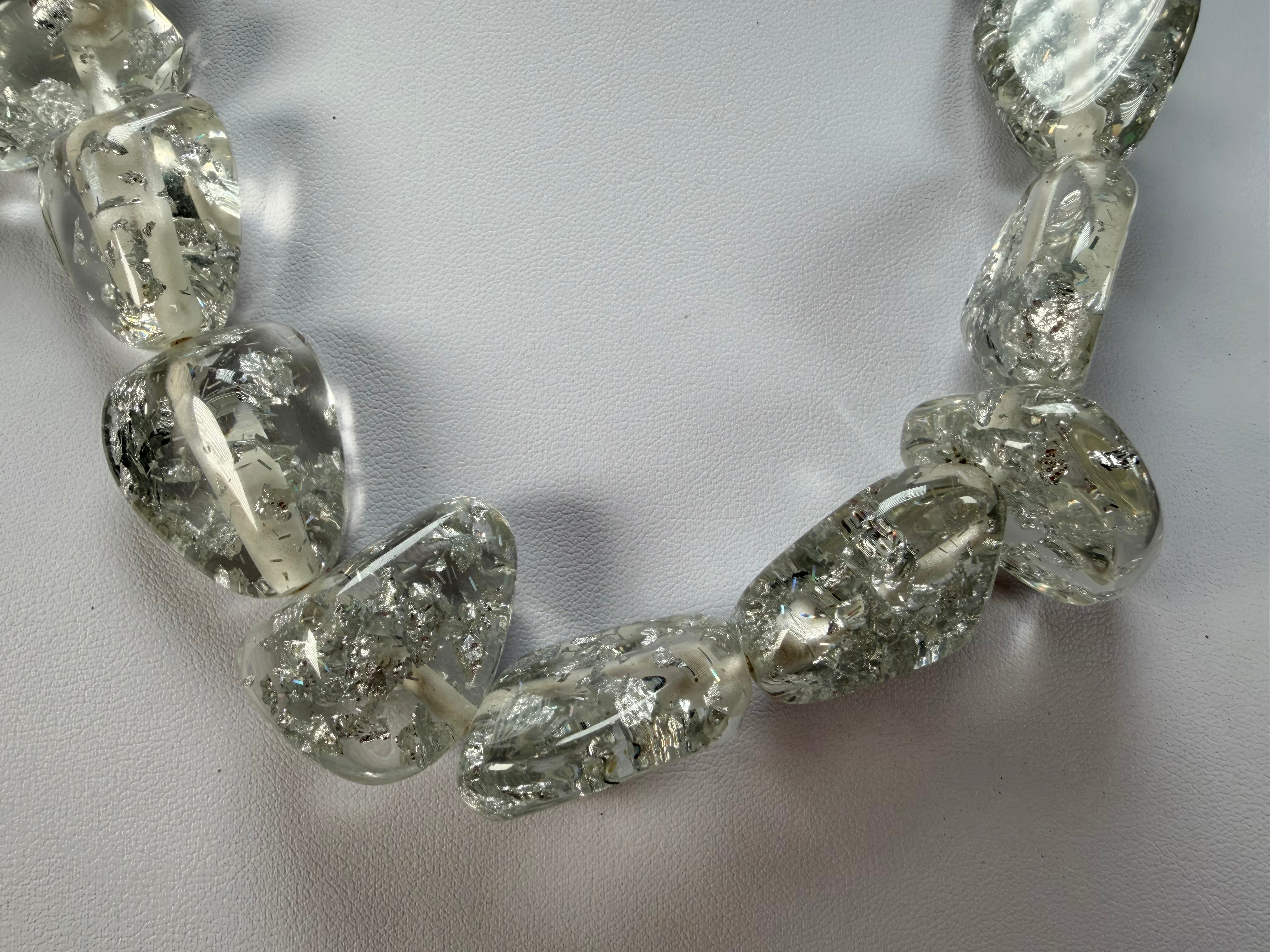 Jackie Brazil "Diamonds" Silver Flakes Flintstone Bone 55cm Necklace ( N0061 )