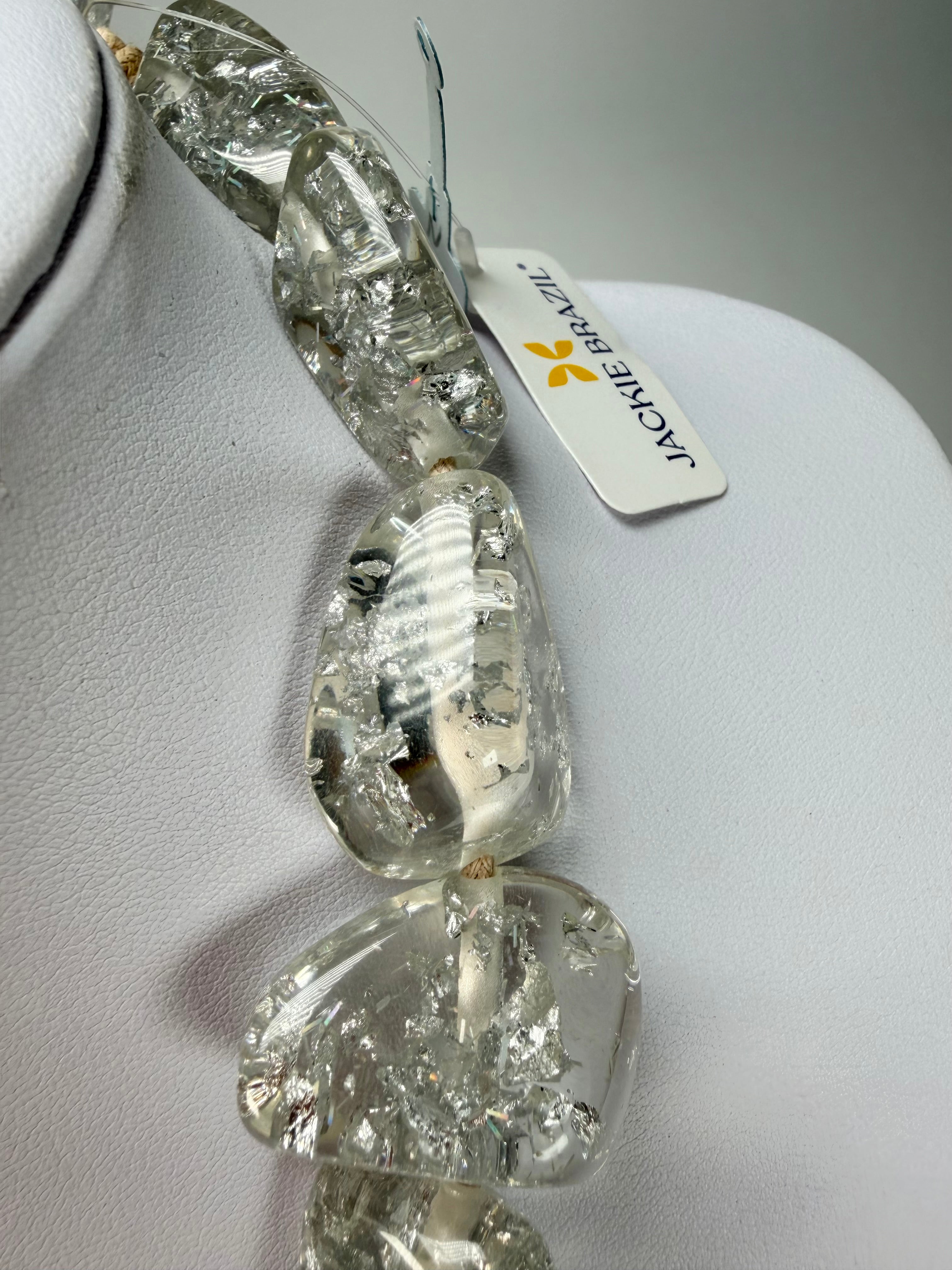 Jackie Brazil "Diamonds" Silver Flakes Flintstone Bone 55cm Necklace ( N0061 )