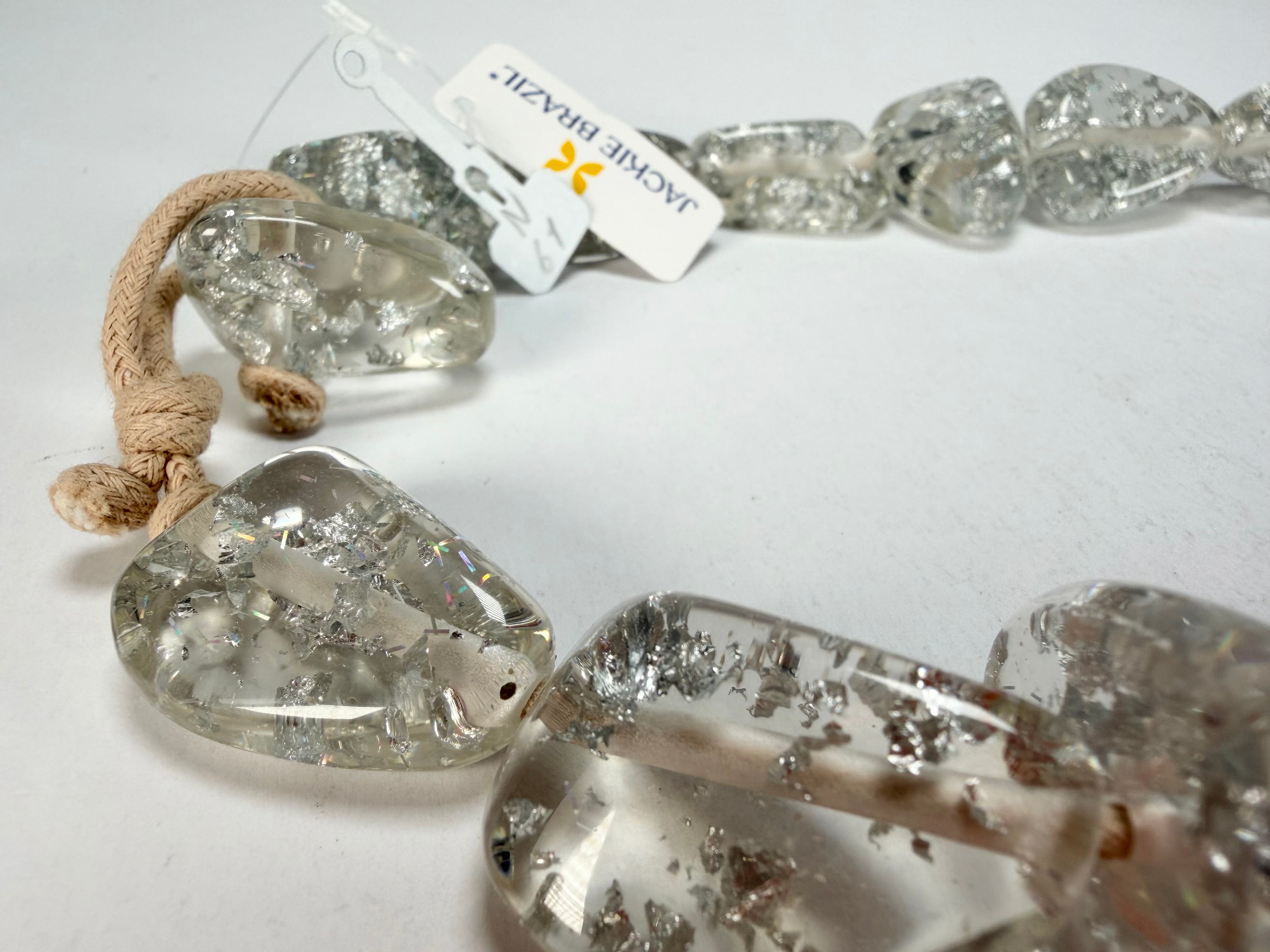 Jackie Brazil "Diamonds" Silver Flakes Flintstone Bone 55cm Necklace ( N0061 )