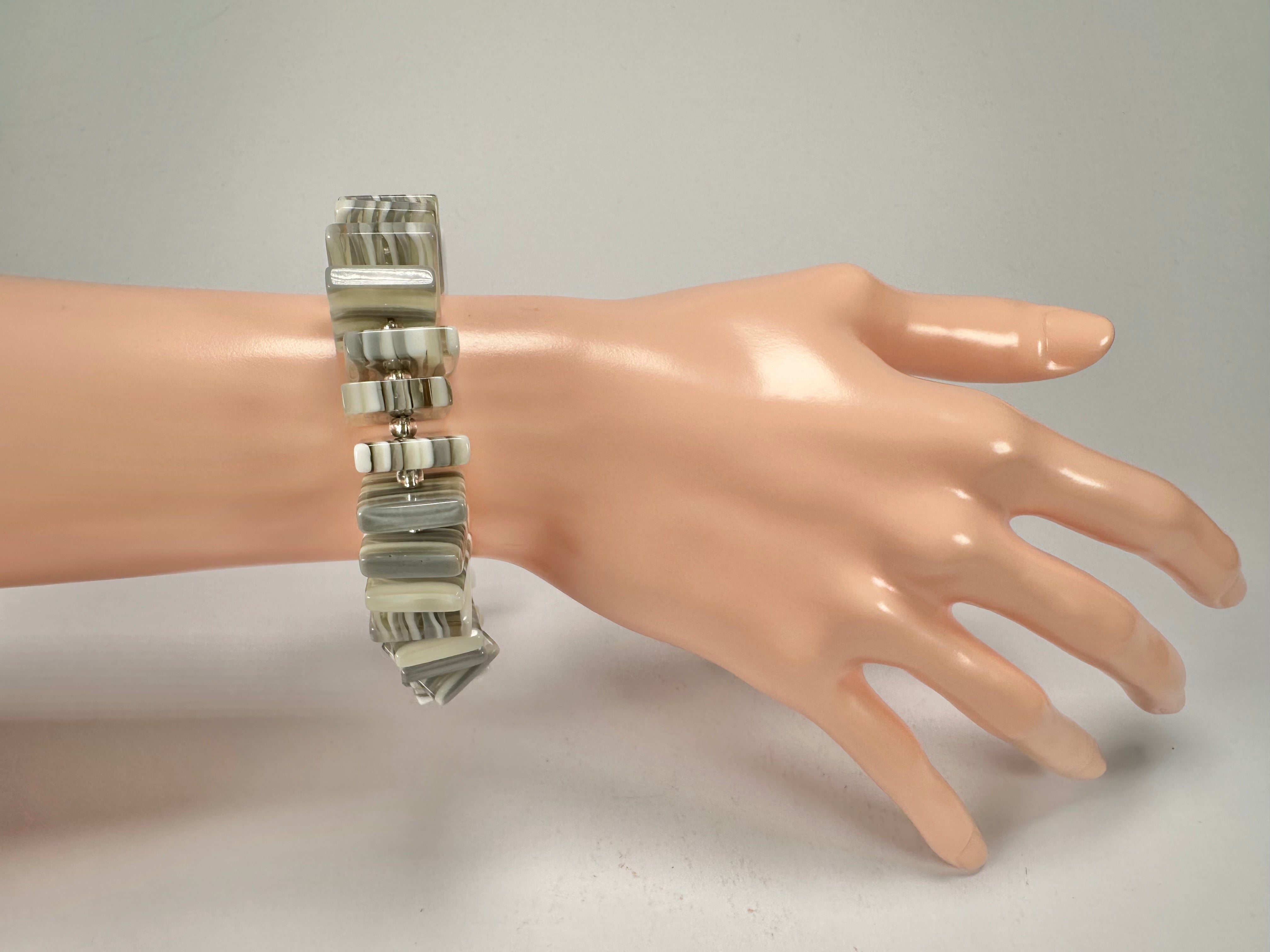 Jackie Brazil "Patricia" Liquorice Squares & Beads Spring Cream Mix Resin Bracelet ( B0192 )