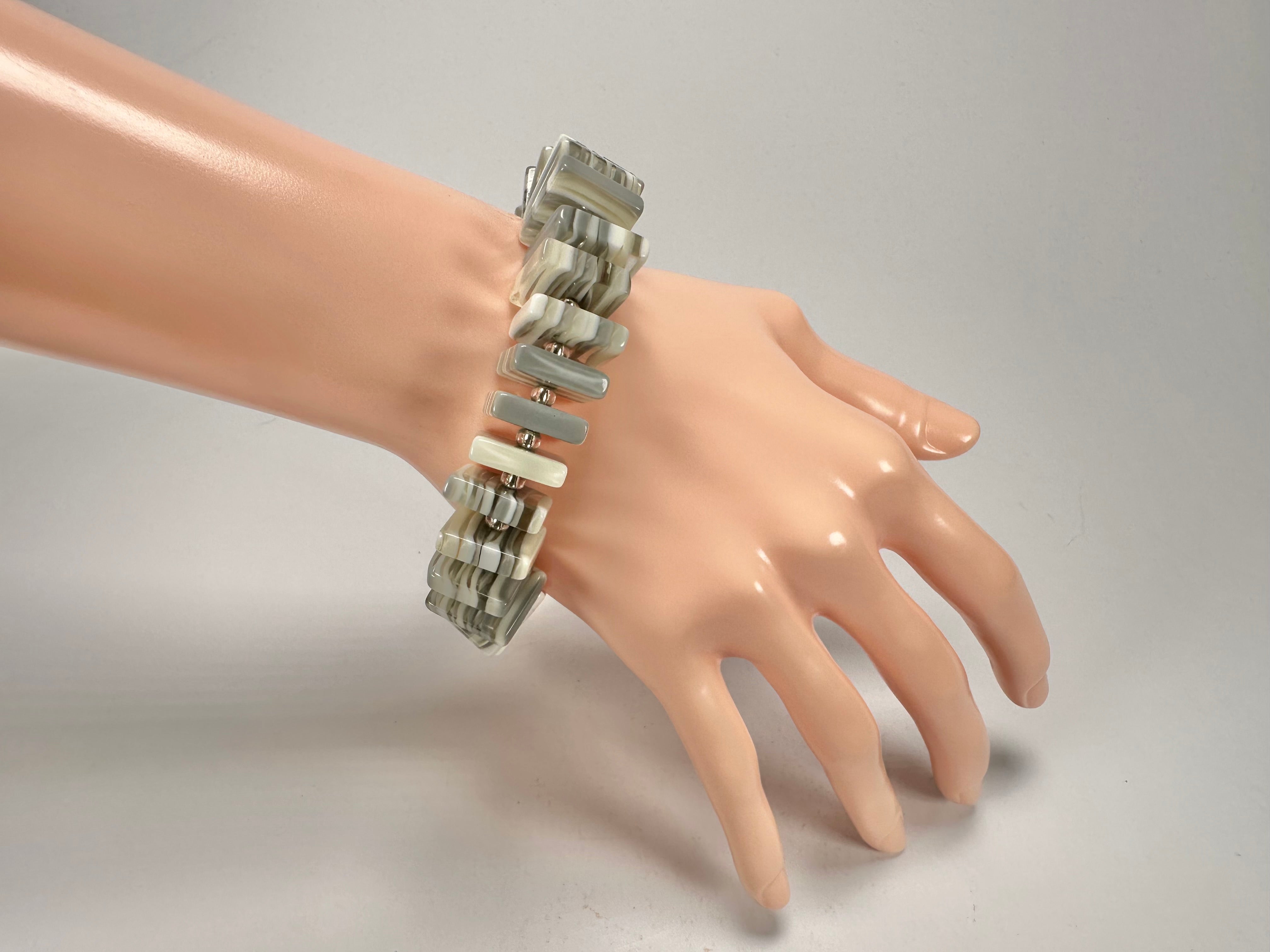 Jackie Brazil "Patricia" Liquorice Squares & Beads Spring Cream Mix Resin Bracelet ( B0192 )