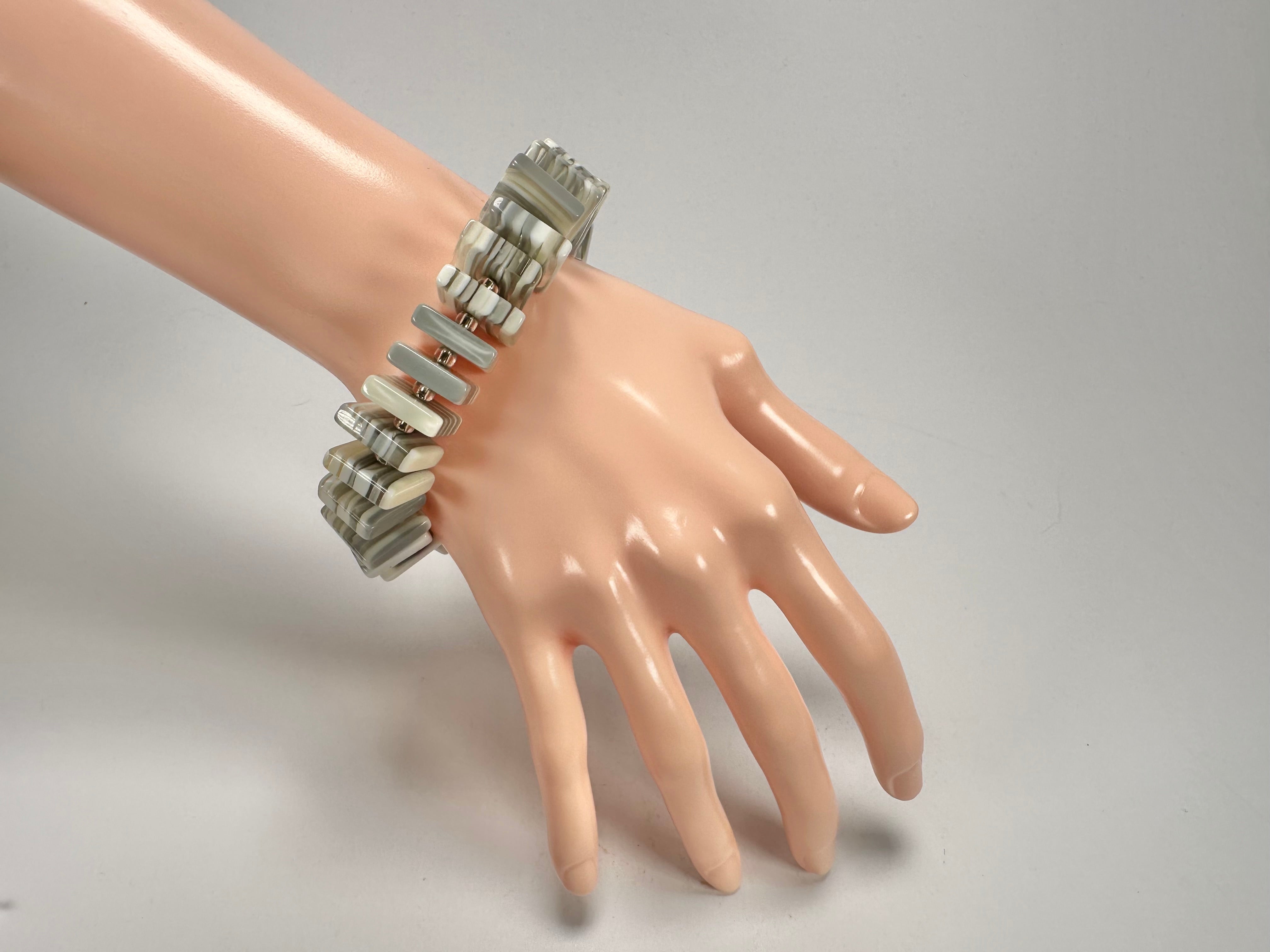Jackie Brazil "Patricia" Liquorice Squares & Beads Spring Cream Mix Resin Bracelet ( B0192 )