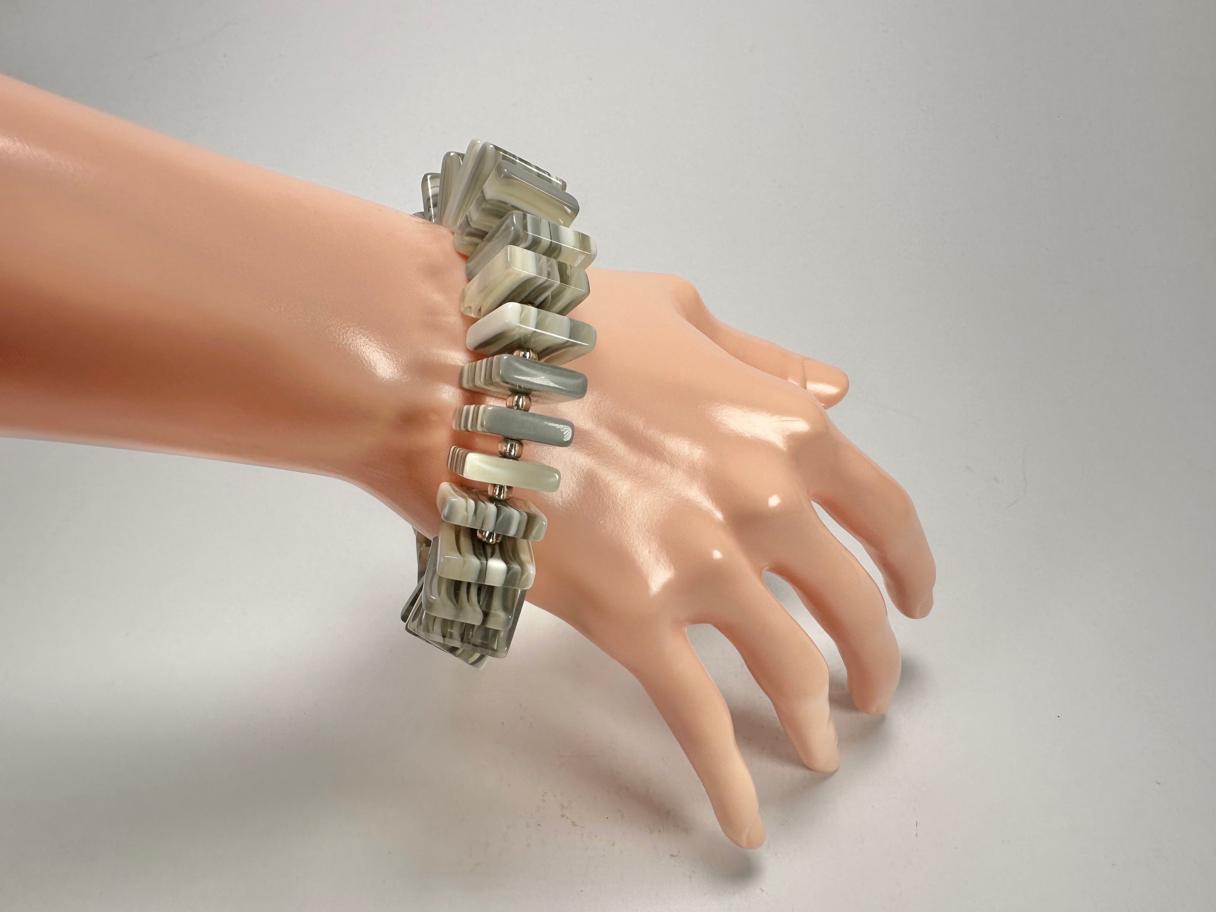 Jackie Brazil "Patricia" Liquorice Squares & Beads Spring Cream Mix Resin Bracelet ( B0192 )