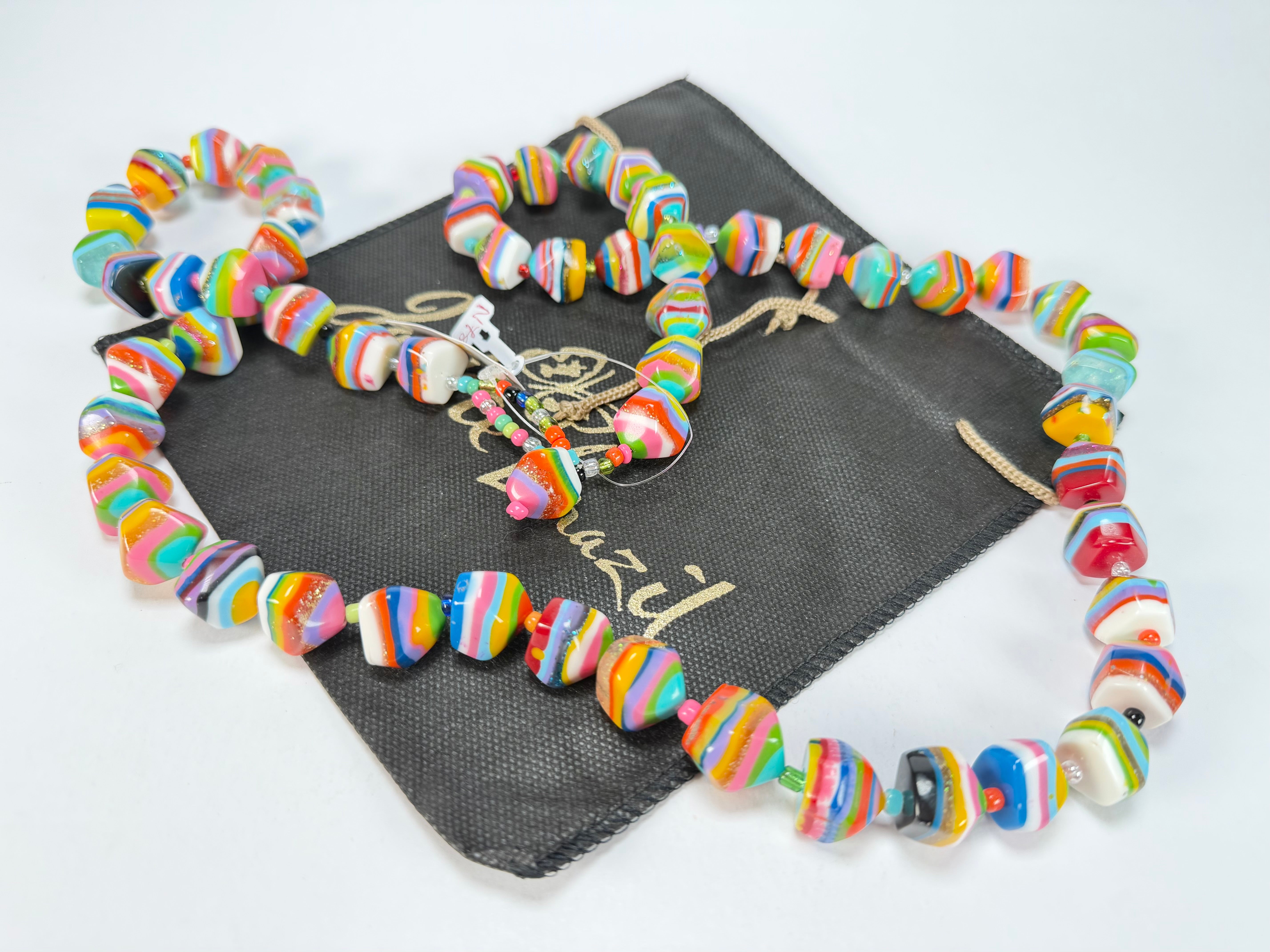 Jackie Brazil "Camille" Liquorice Stripes x Kandinsky Small Stones 110cm Necklace ( N0078 )