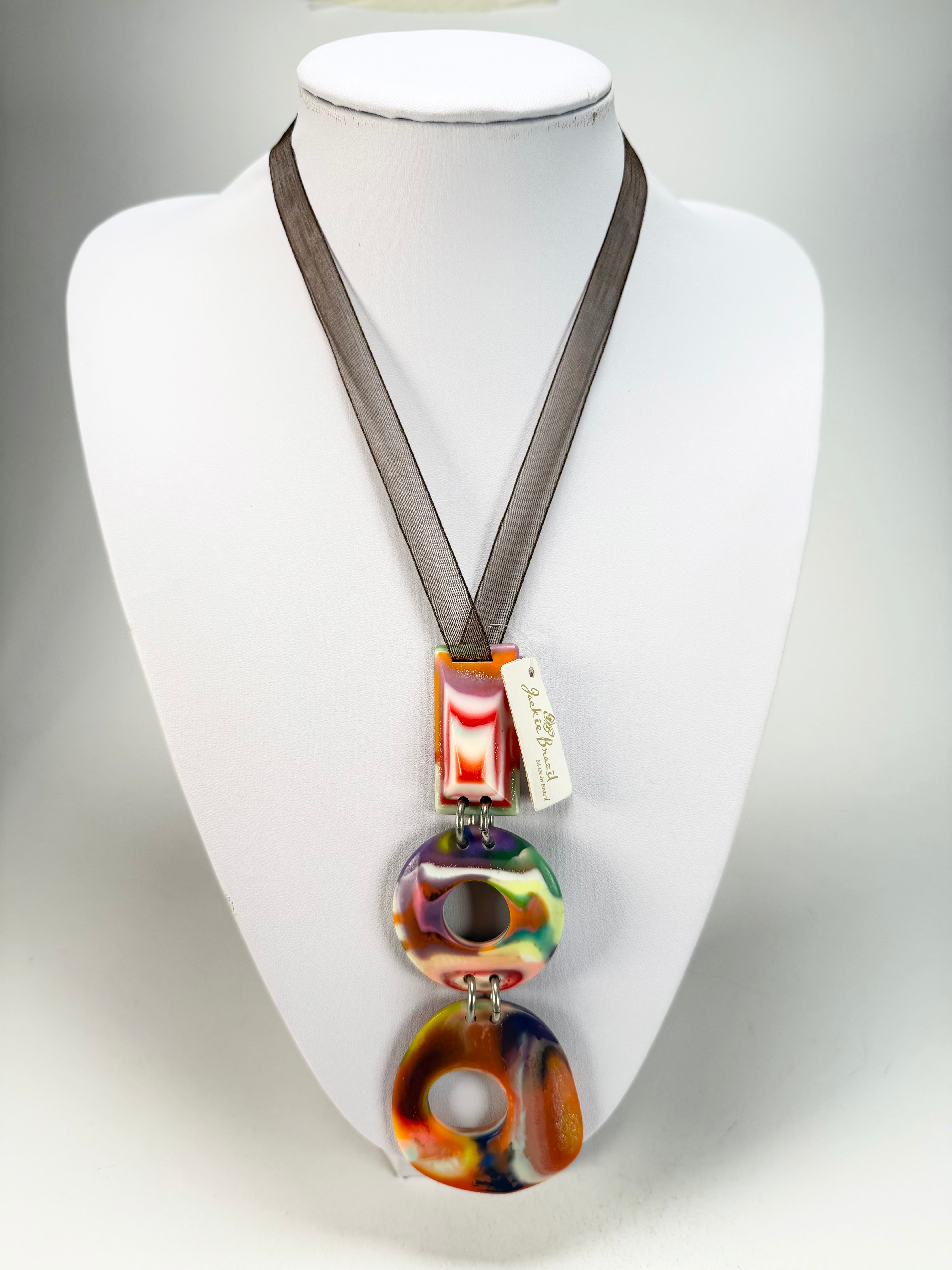 Jackie Brazil "Luzia" Kandinsky Tropicalia Resin Necklace on Silk Cord ( N2357 )