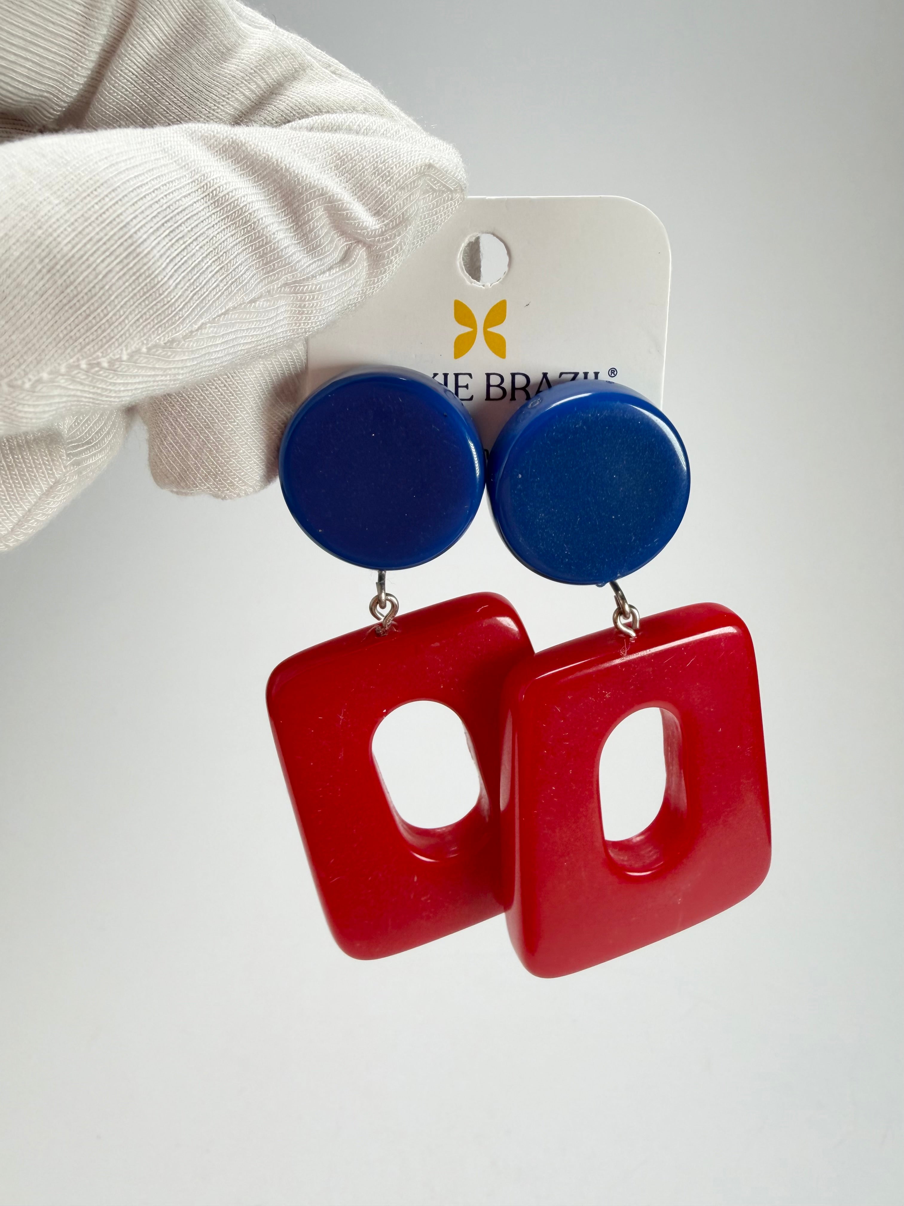 Jackie Brazil "Ruth" Red and Blue Gloss Trapez On Pin Resin Earrings ( E0010 )