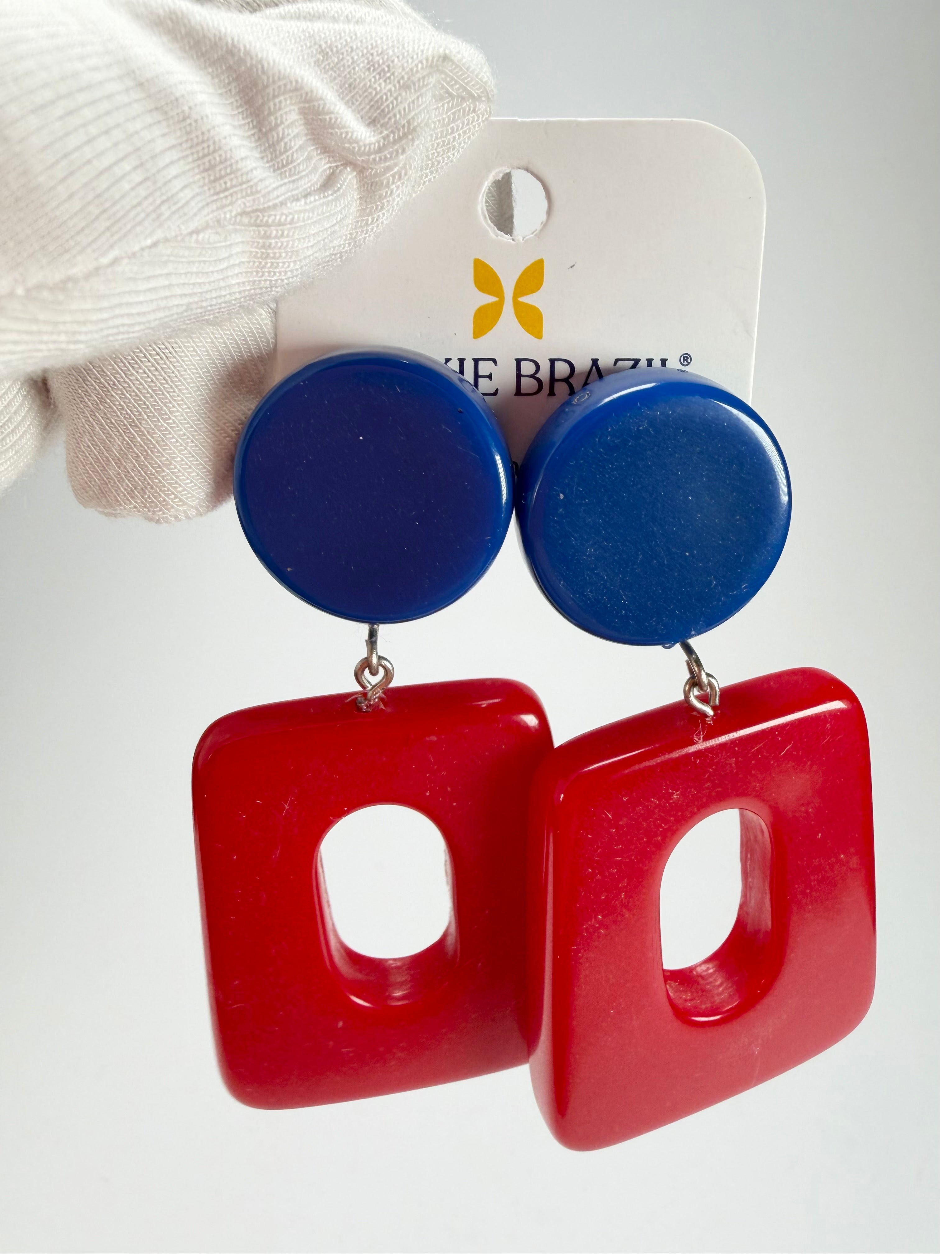 Jackie Brazil "Ruth" Red and Blue Gloss Trapez On Pin Resin Earrings ( E0010 )