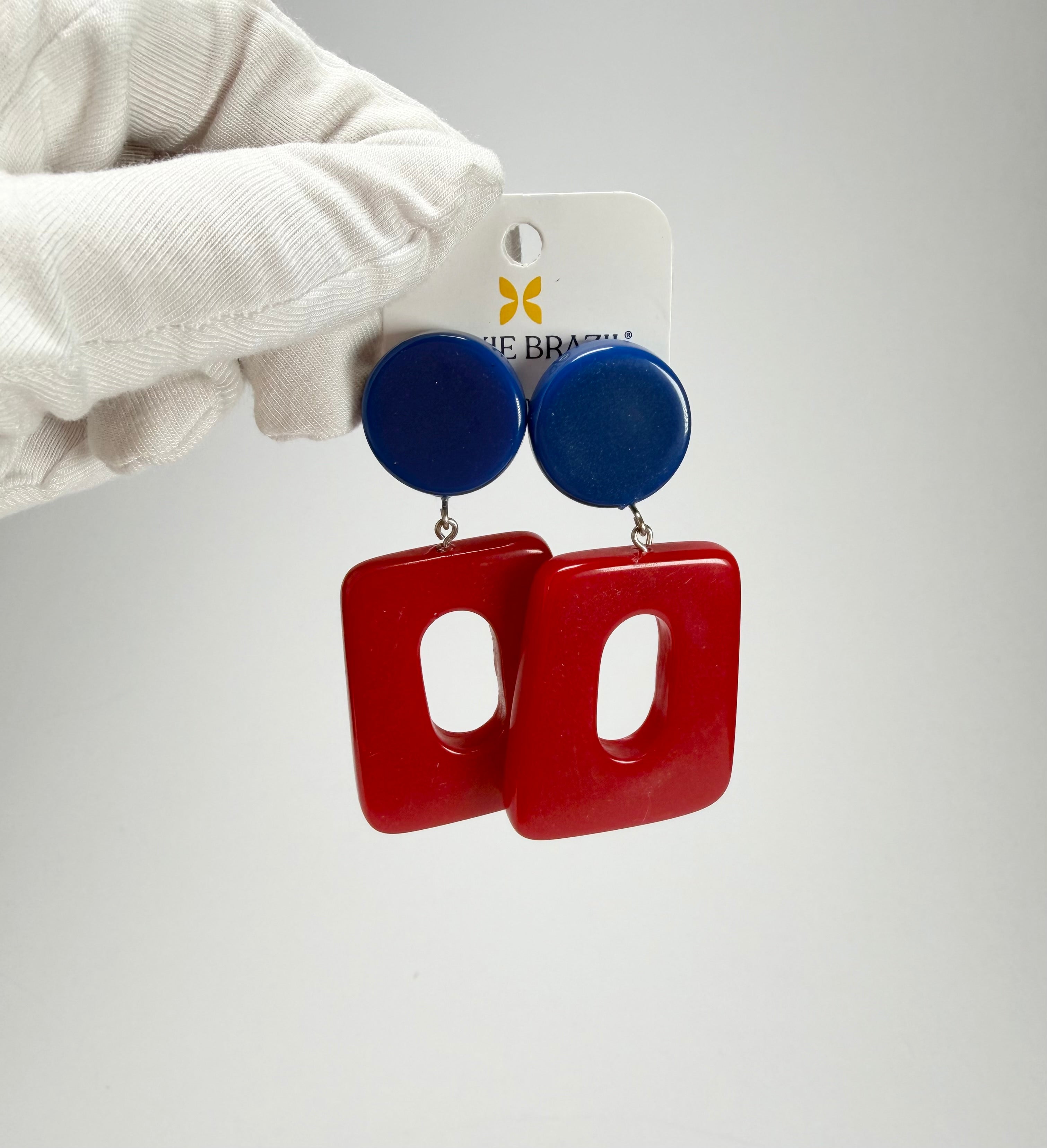 Jackie Brazil "Ruth" Red and Blue Gloss Trapez On Pin Resin Earrings ( E0010 )