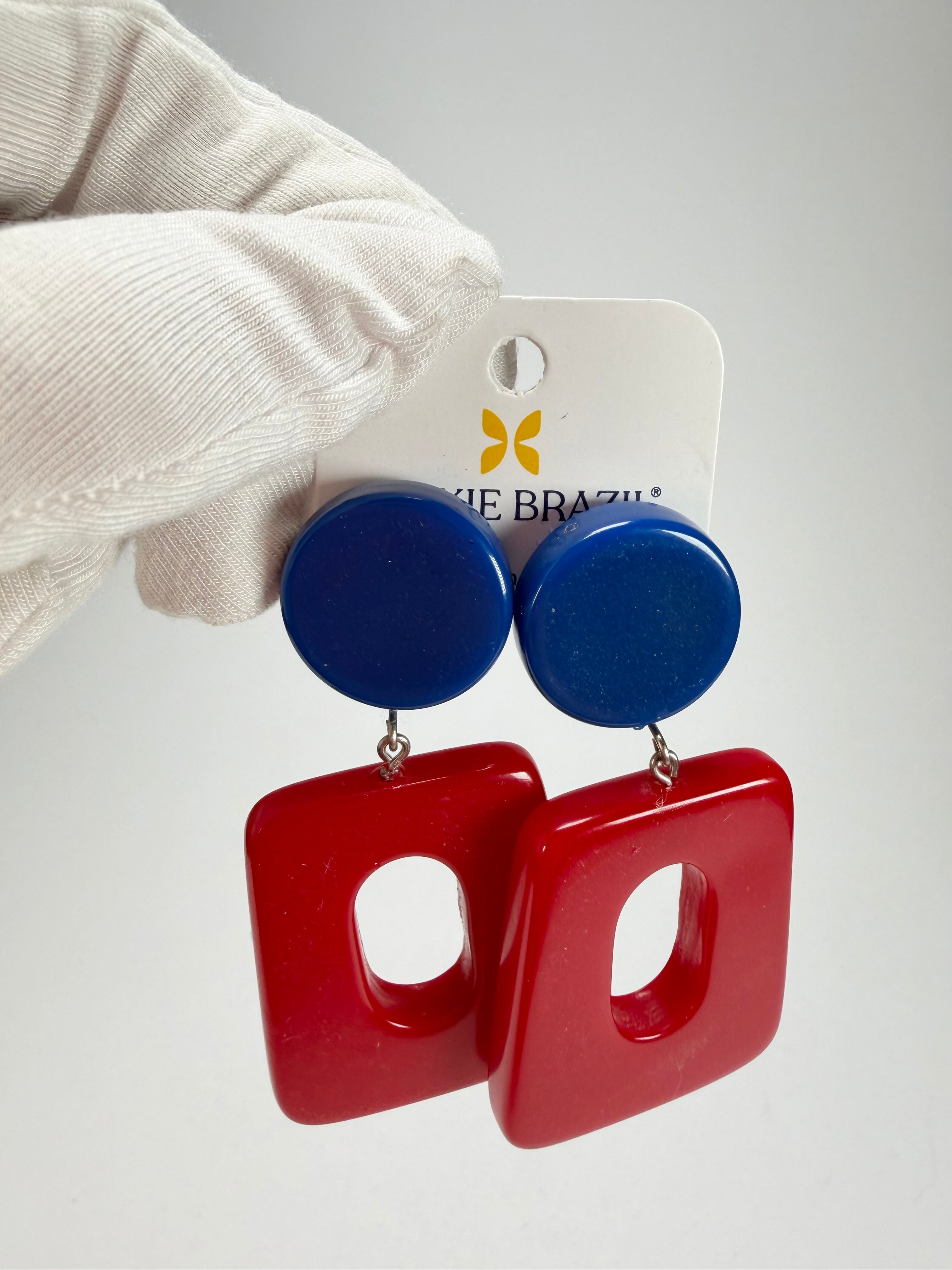 Jackie Brazil "Ruth" Red and Blue Gloss Trapez On Pin Resin Earrings ( E0010 )