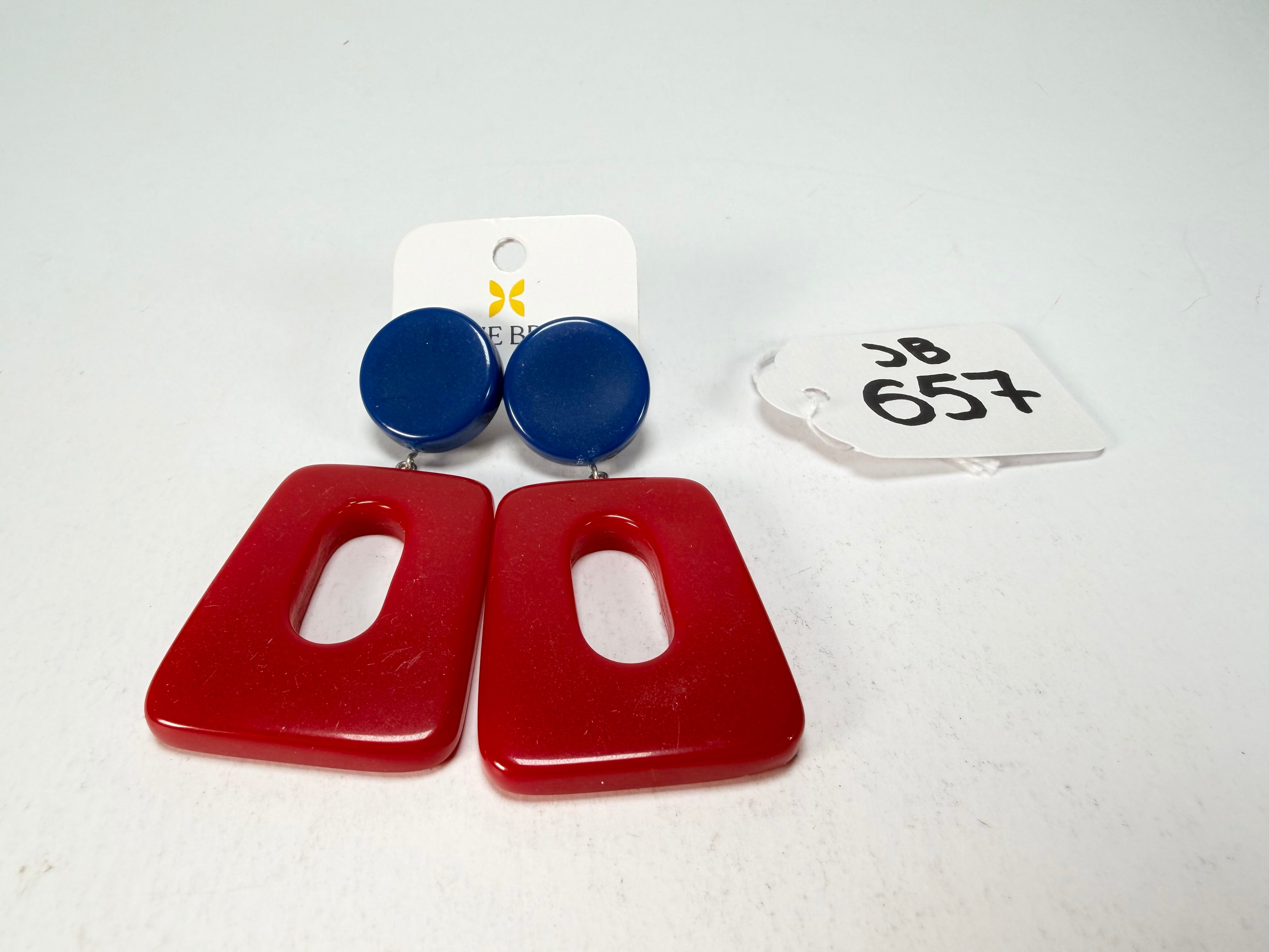 Jackie Brazil "Ruth" Red and Blue Gloss Trapez On Pin Resin Earrings ( E0010 )