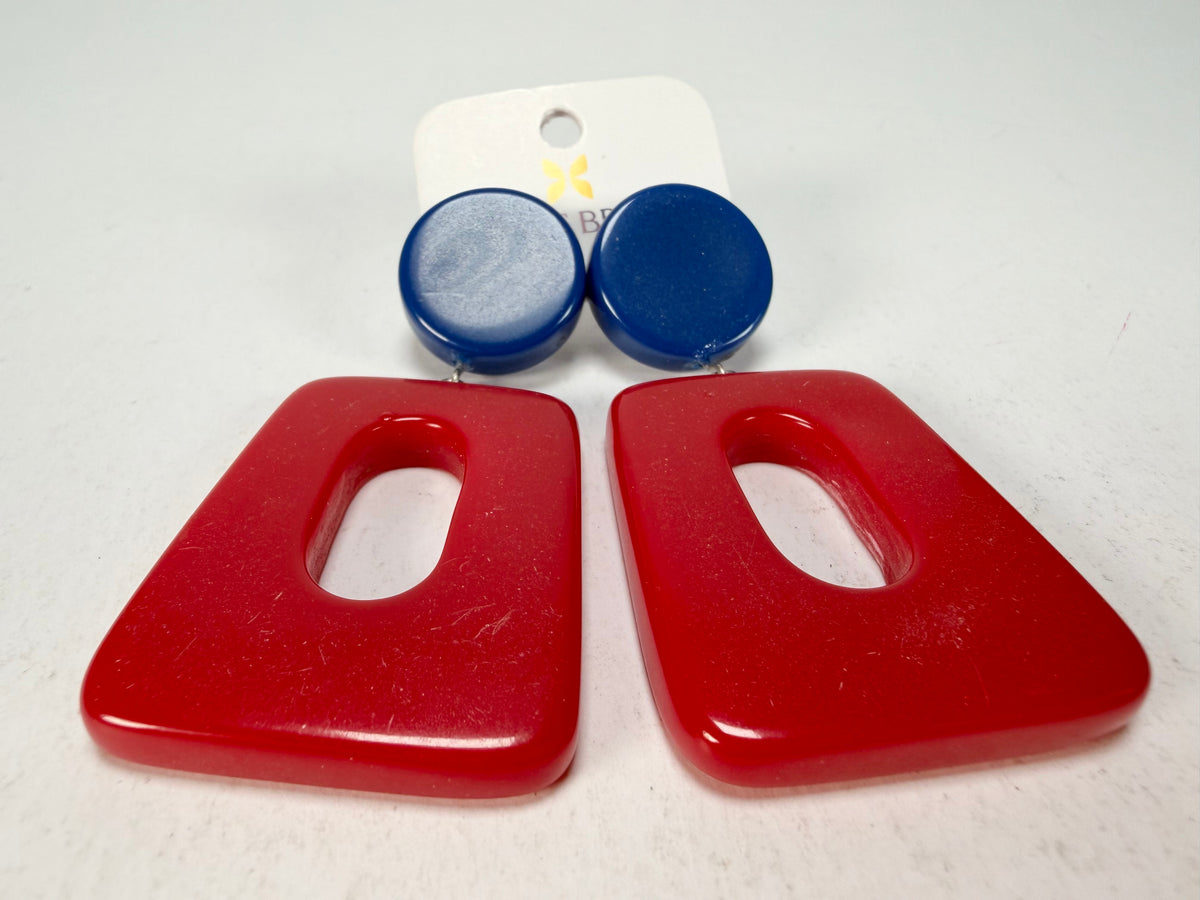 Jackie Brazil "Ruth" Red and Blue Gloss Trapez On Pin Resin Earrings ( E0010 )