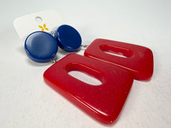 Jackie Brazil "Ruth" Red and Blue Gloss Trapez On Pin Resin Earrings ( E0010 )