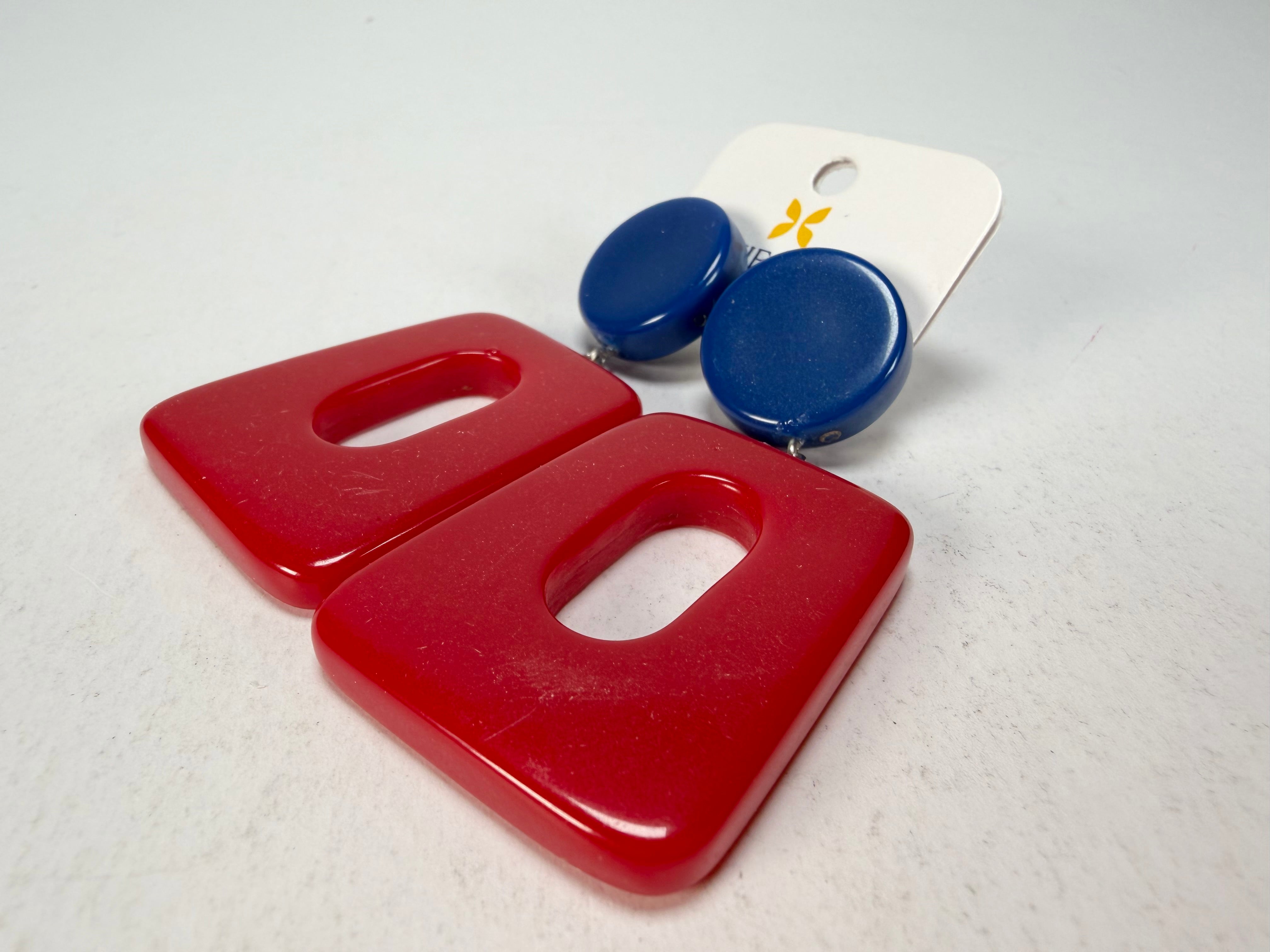 Jackie Brazil "Ruth" Red and Blue Gloss Trapez On Pin Resin Earrings ( E0010 )