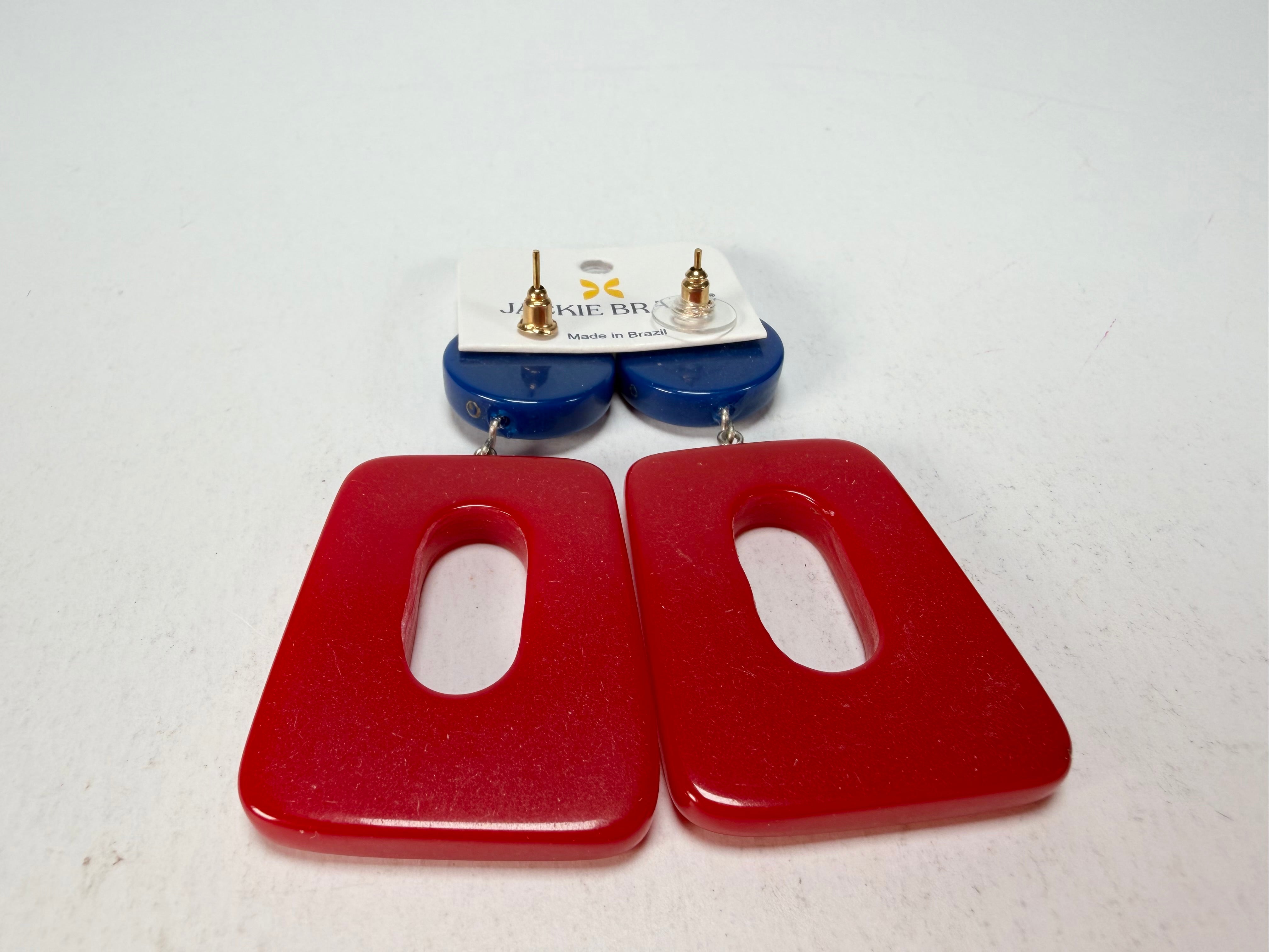 Jackie Brazil "Ruth" Red and Blue Gloss Trapez On Pin Resin Earrings ( E0010 )