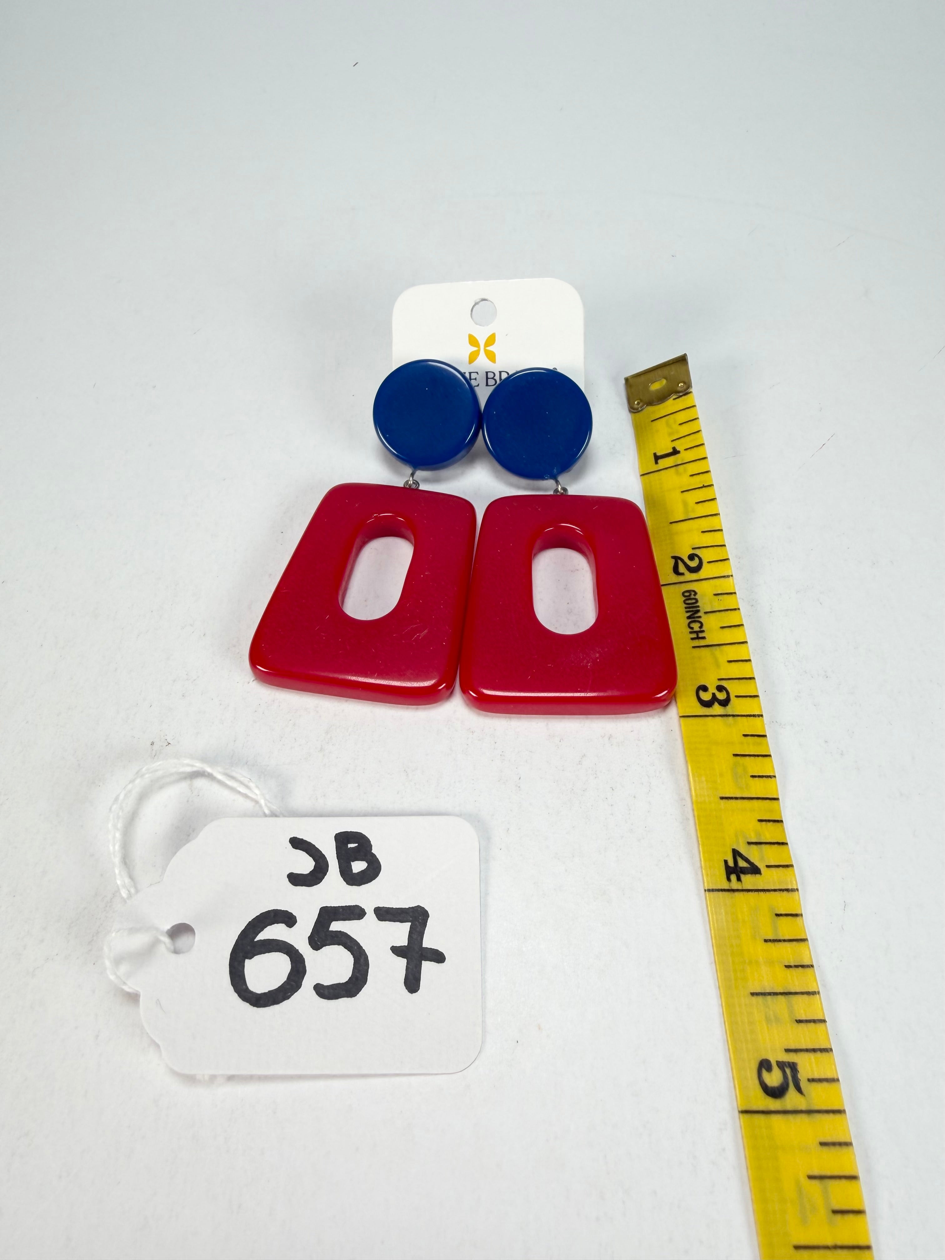 Jackie Brazil "Ruth" Red and Blue Gloss Trapez On Pin Resin Earrings ( E0010 )