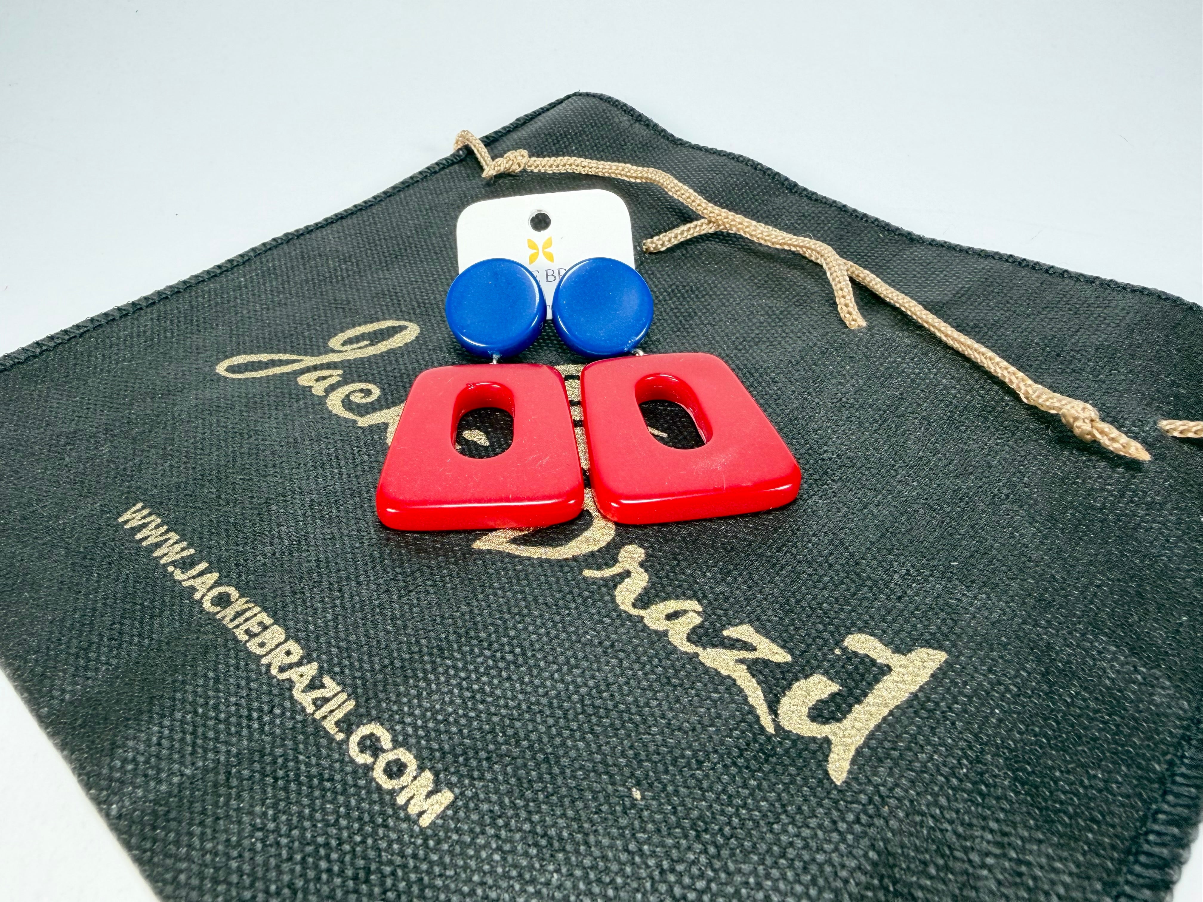 Jackie Brazil "Ruth" Red and Blue Gloss Trapez On Pin Resin Earrings ( E0010 )