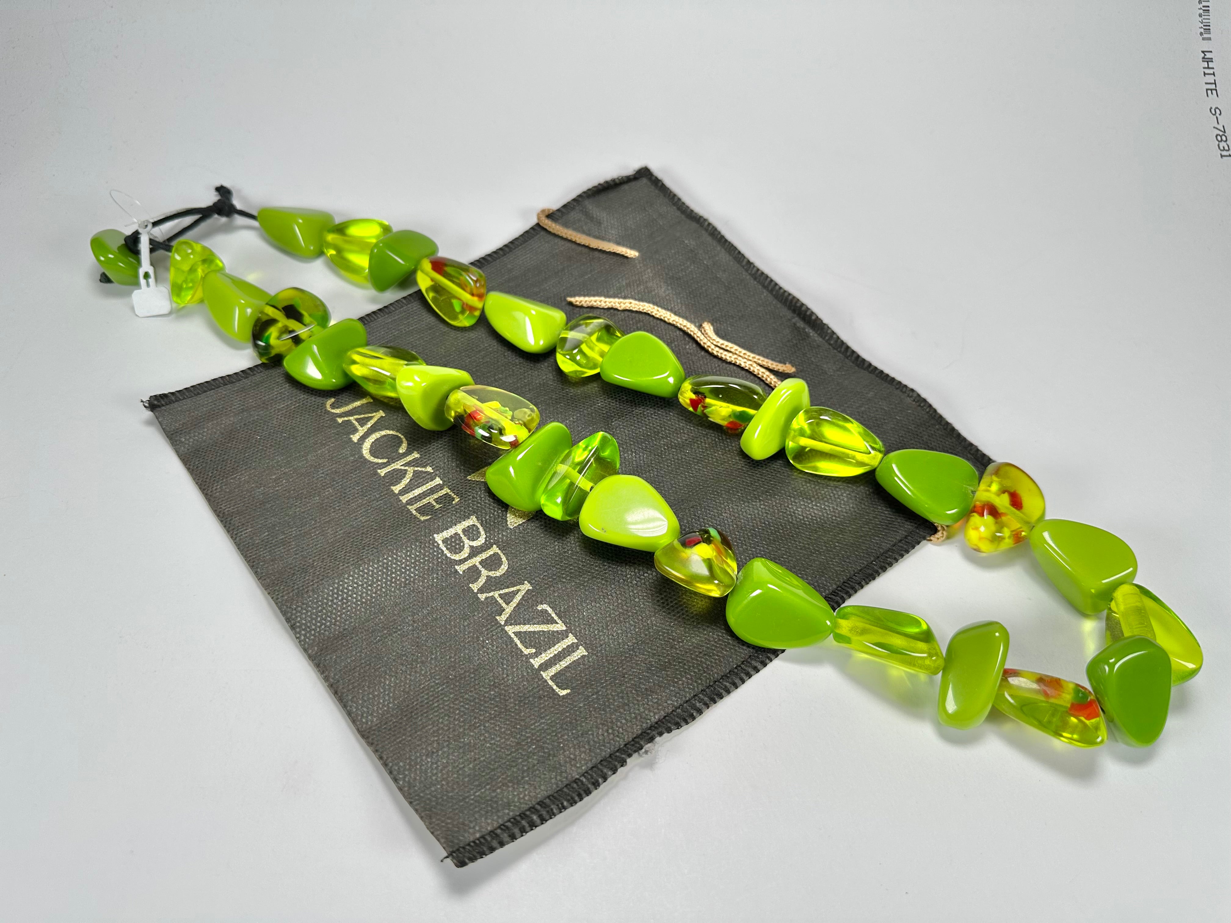Jackie Brazil "Diamonds" Green & Transparent Flintstone Bone 80cm Necklace ( N0080 )