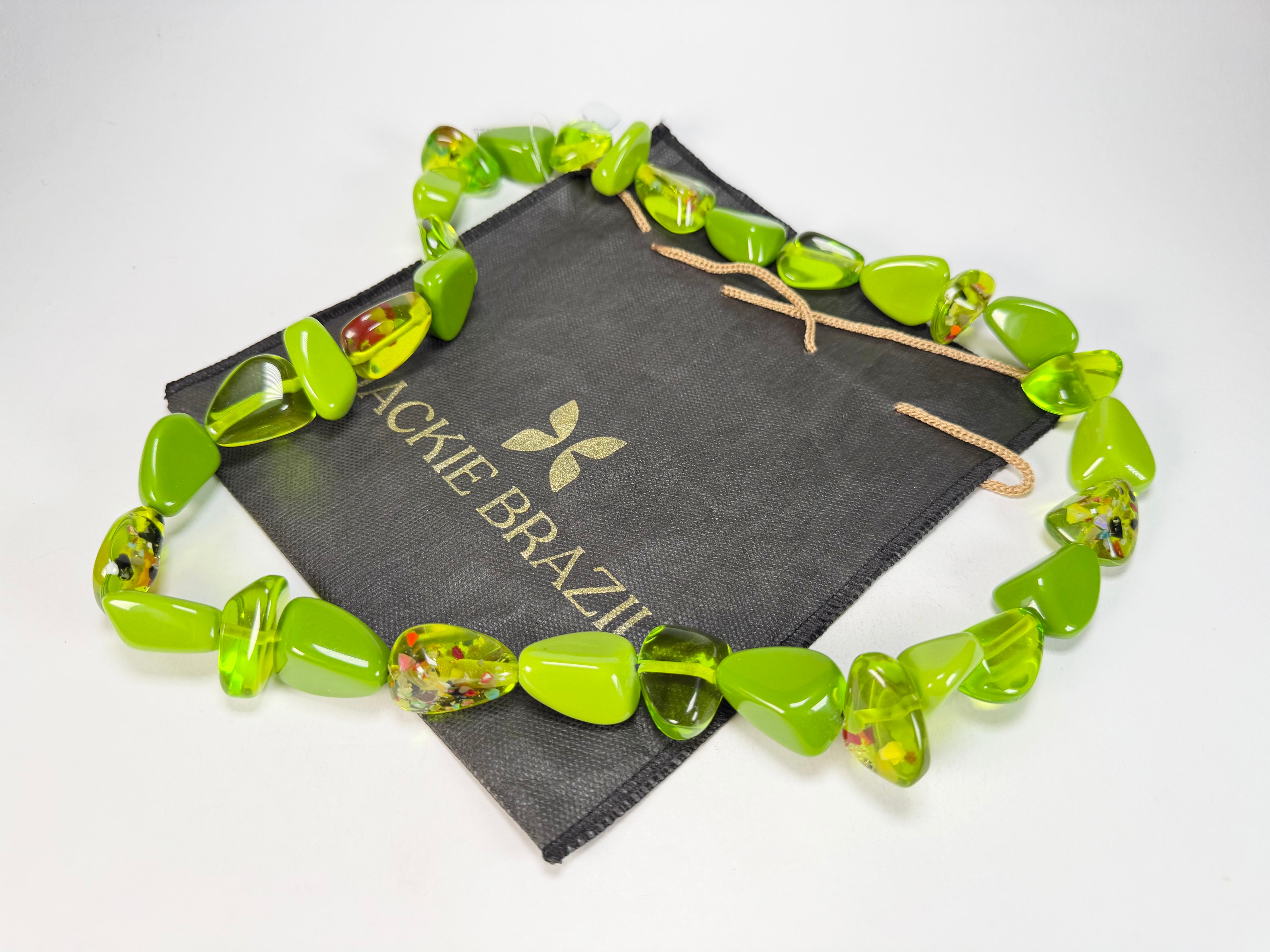 Jackie Brazil "Diamonds" Green & Transparent Flintstone Bone 80cm Necklace ( N0080 )
