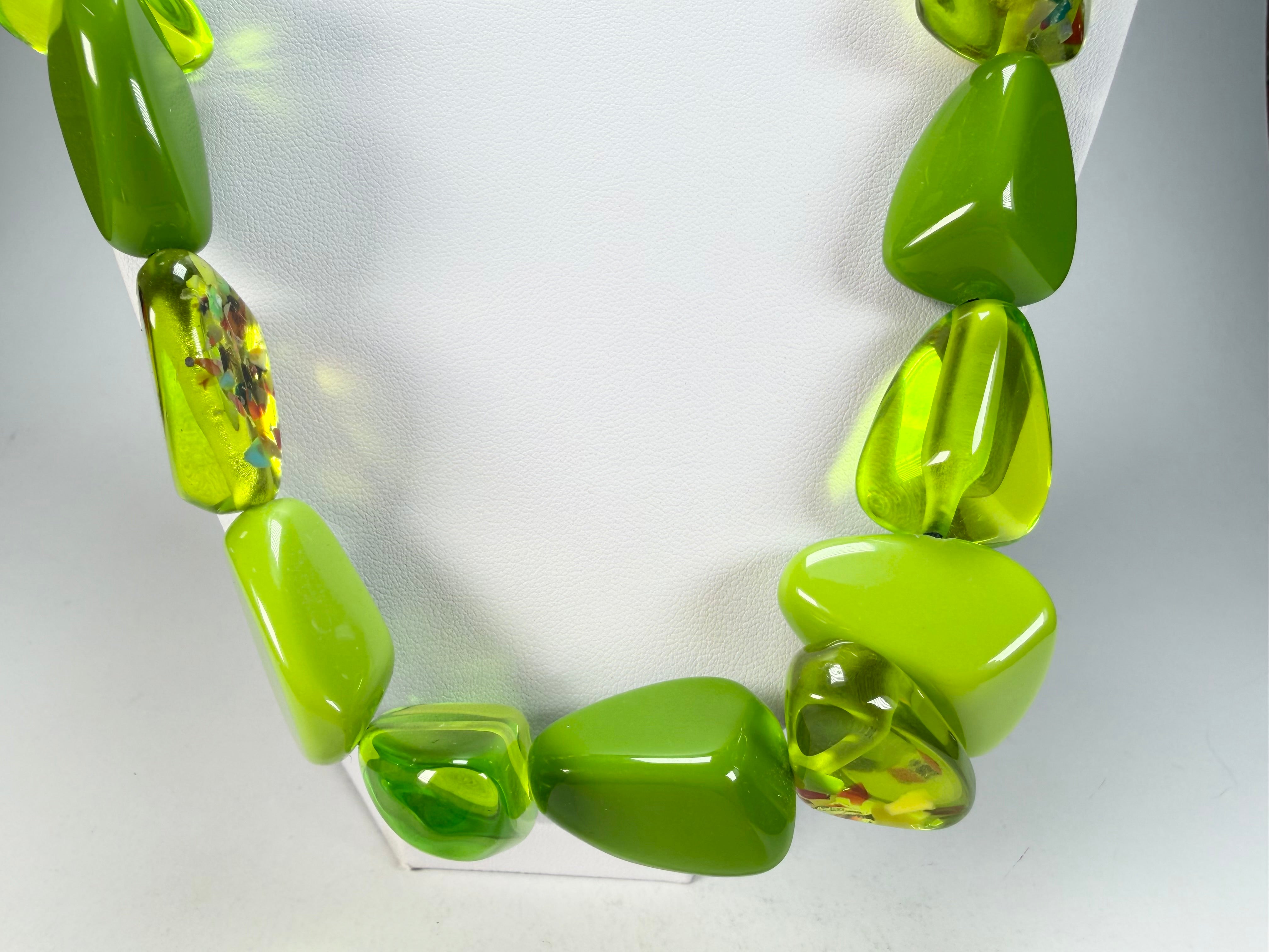 Jackie Brazil "Diamonds" Green & Transparent Flintstone Bone 80cm Necklace ( N0080 )