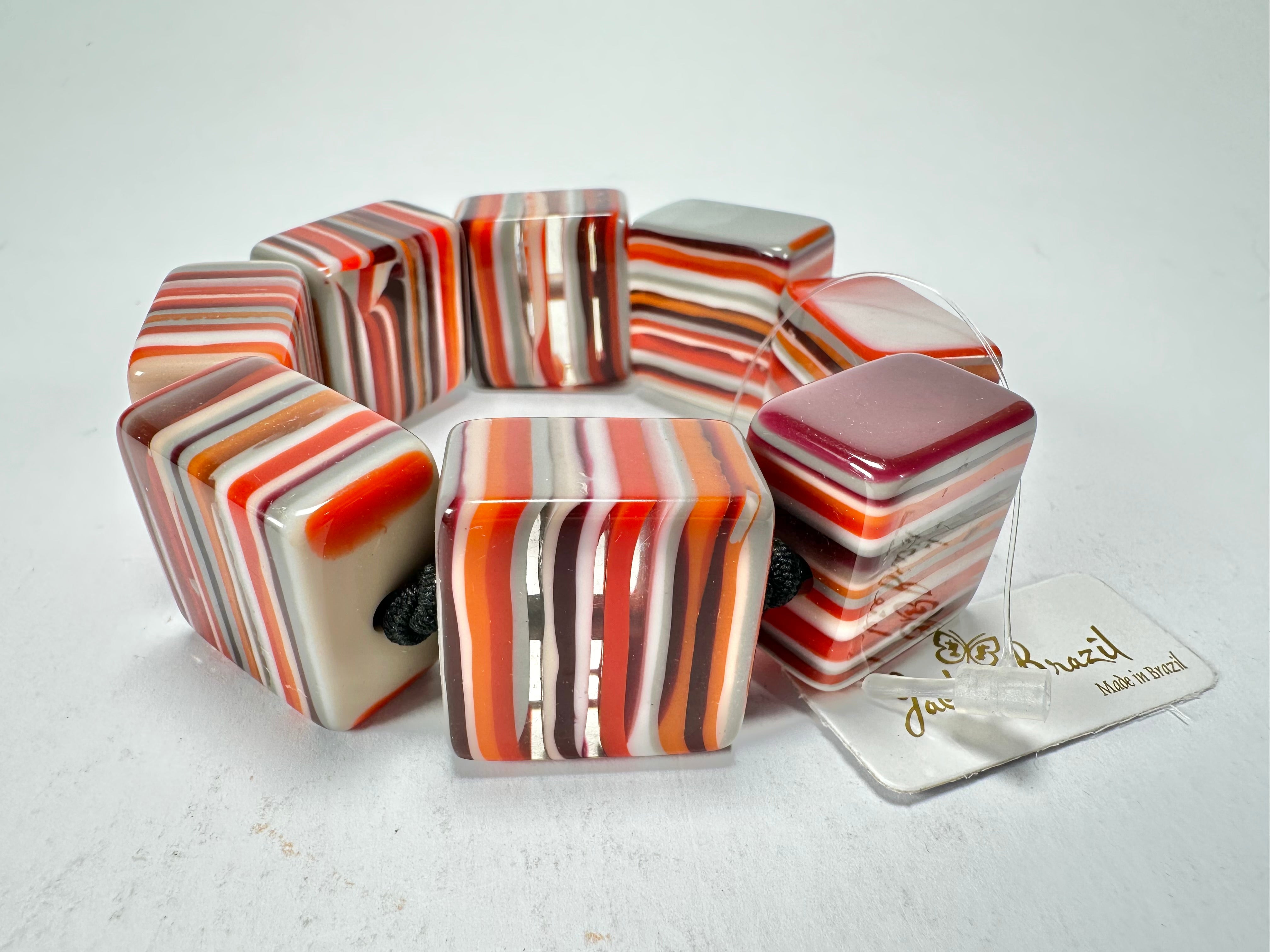 Jackie Brazil "Gala" Liquorice Half Rectangles On Elastic Orange Mix Bracelet ( B0778 )