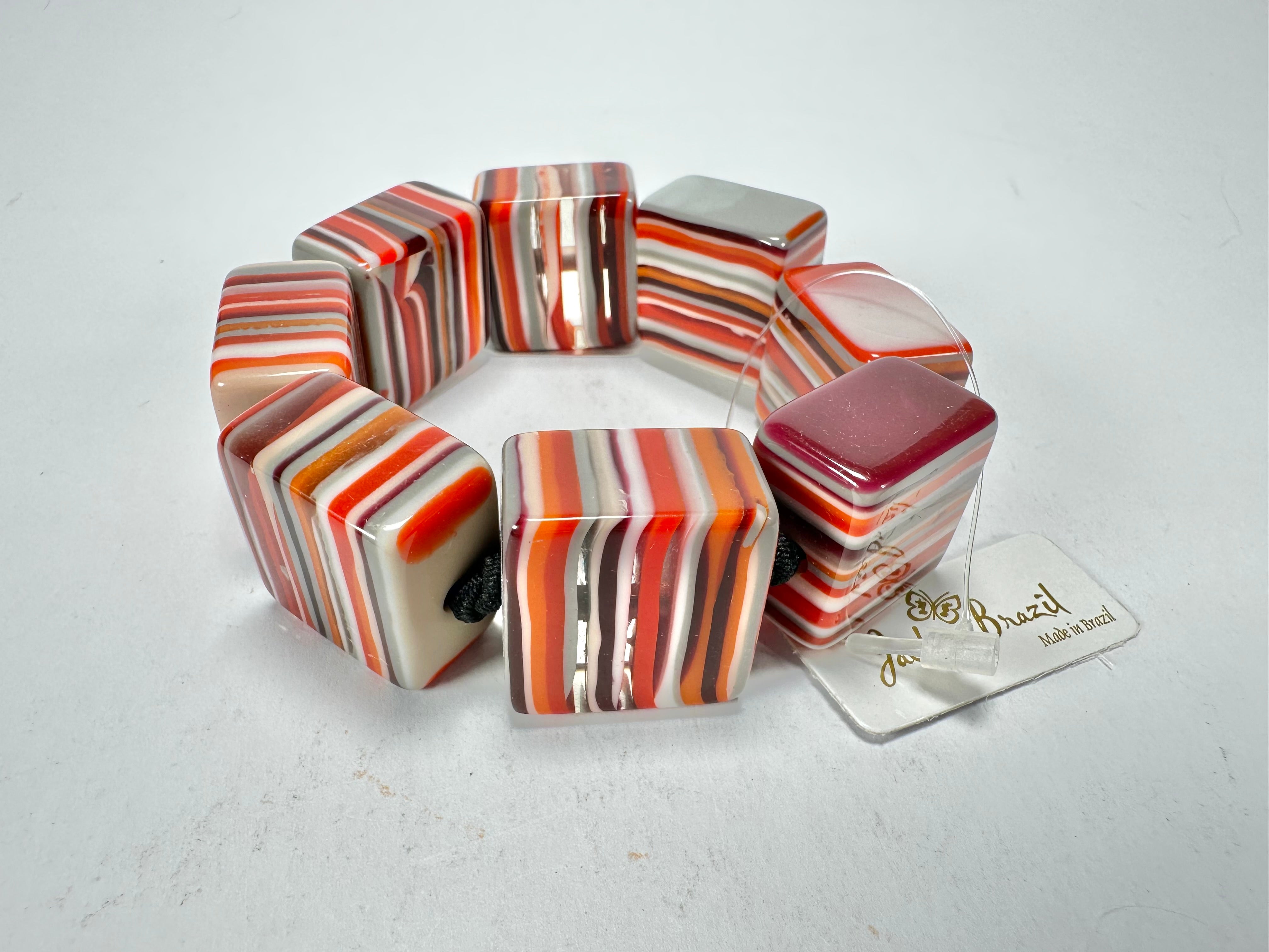 Jackie Brazil "Gala" Liquorice Half Rectangles On Elastic Orange Mix Bracelet ( B0778 )