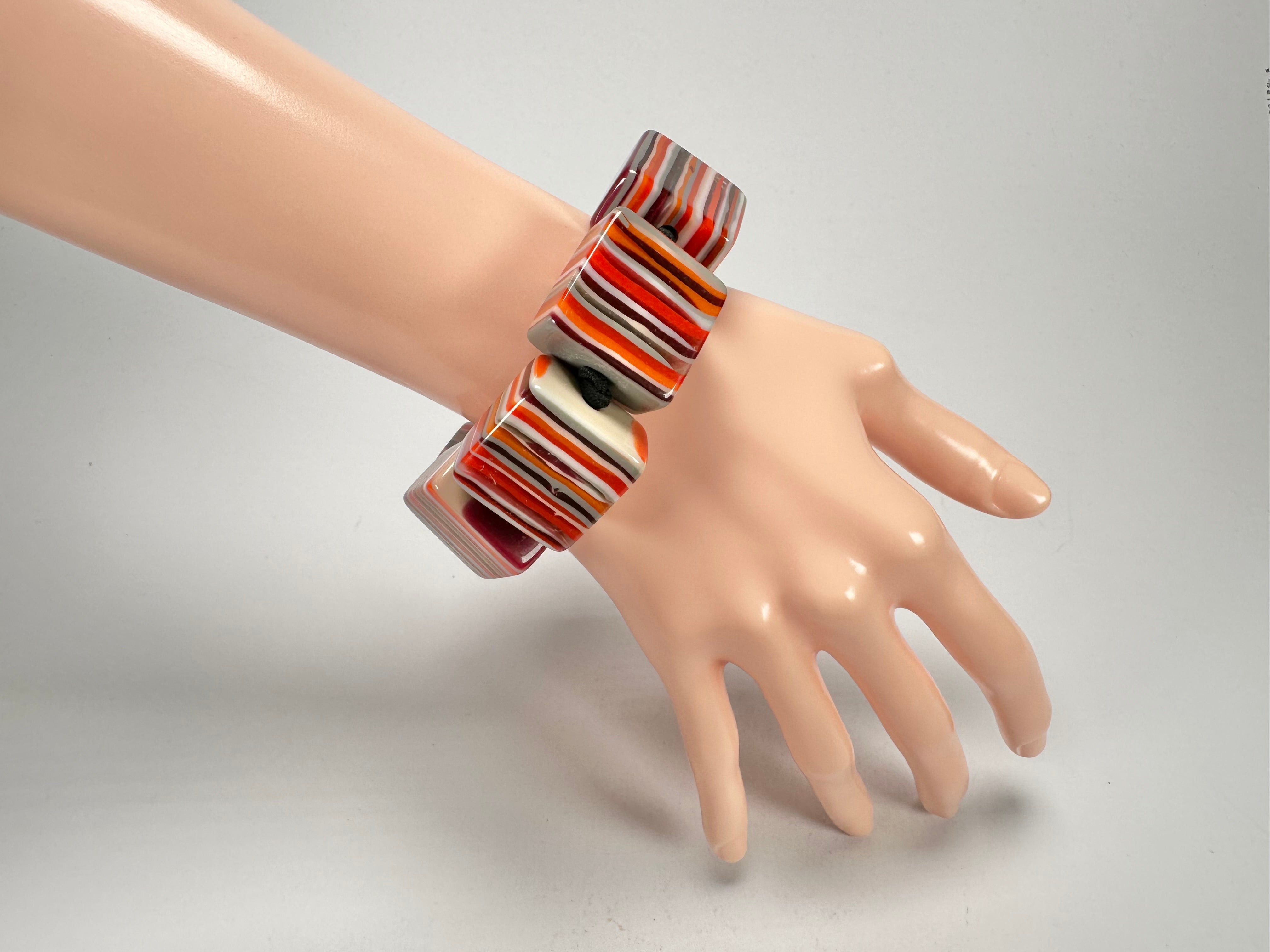 Jackie Brazil "Gala" Liquorice Half Rectangles On Elastic Orange Mix Bracelet ( B0778 )