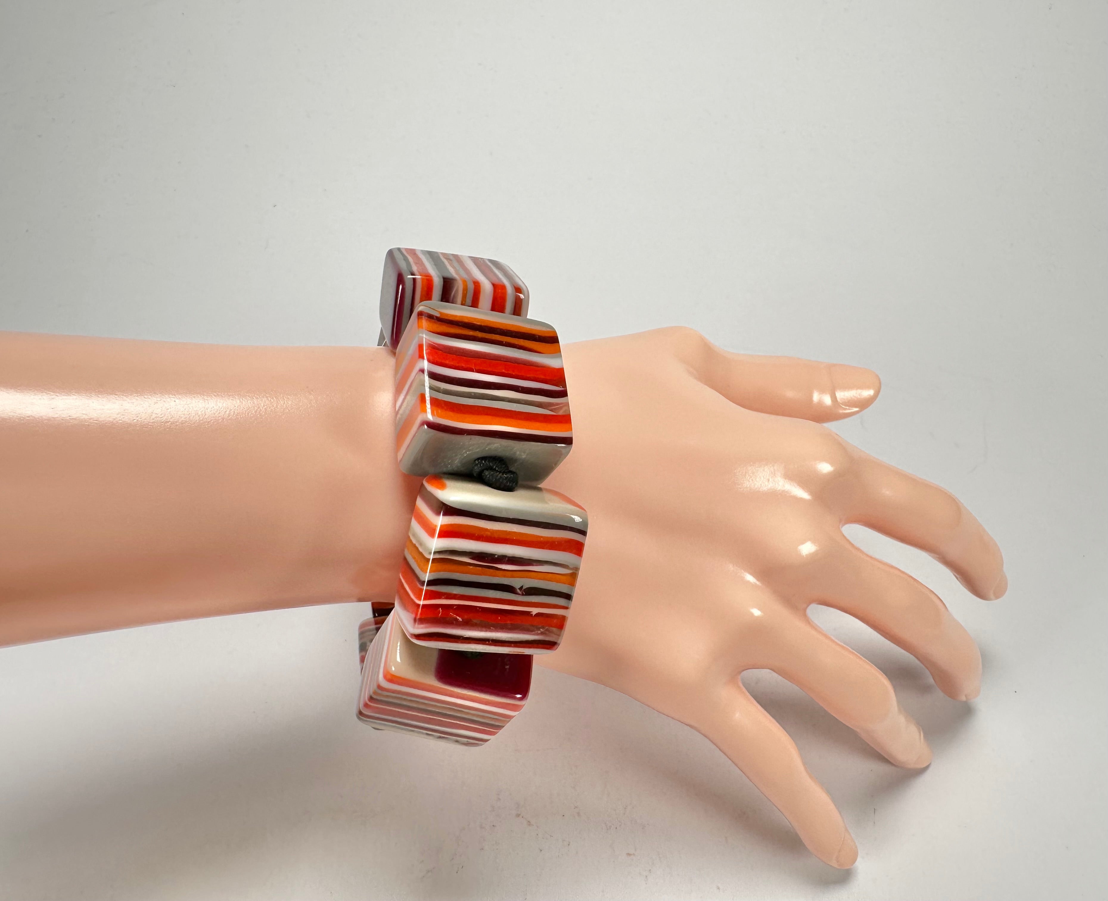 Jackie Brazil "Gala" Liquorice Half Rectangles On Elastic Orange Mix Bracelet ( B0778 )