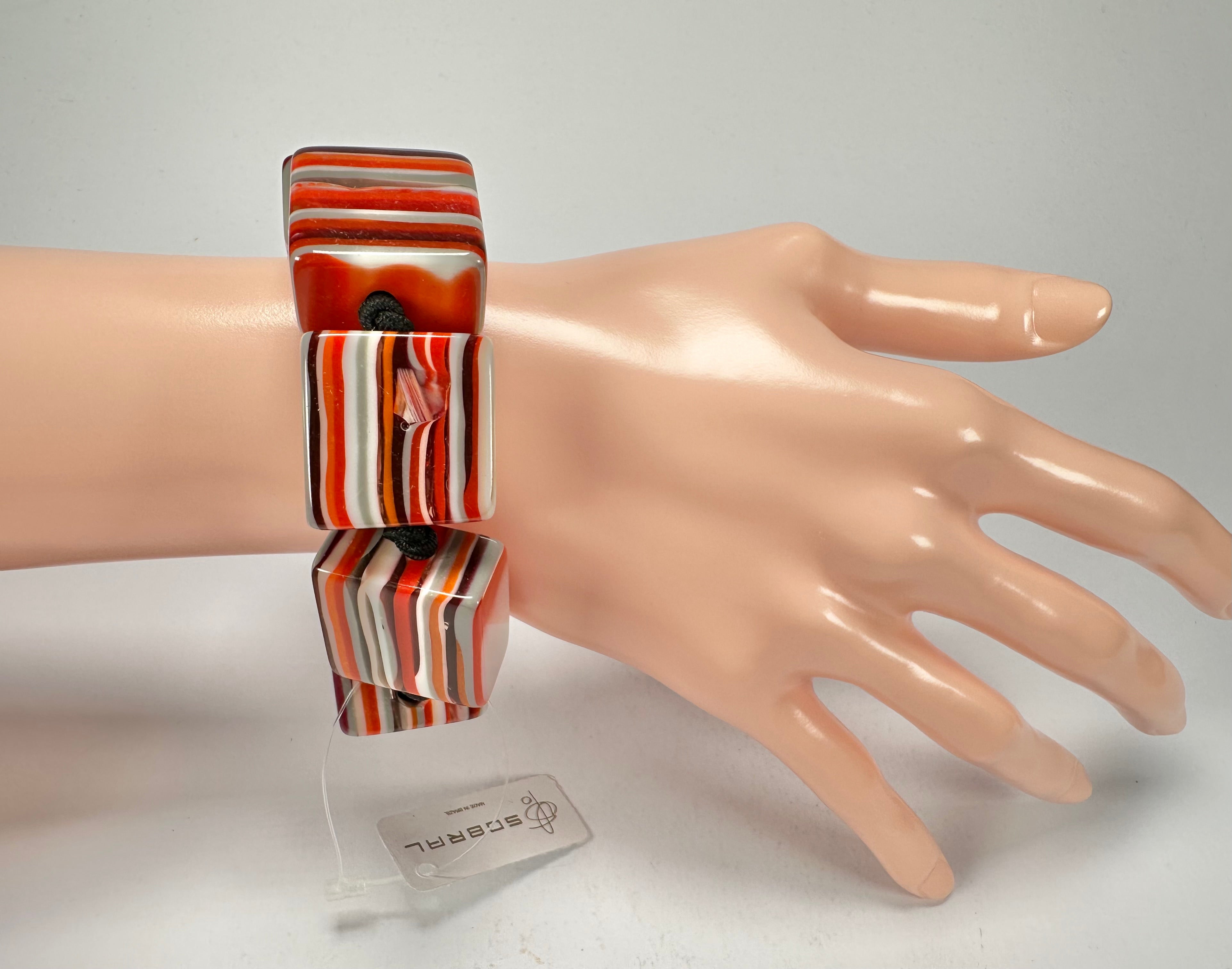 Jackie Brazil "Gala" Liquorice Half Rectangles On Elastic Orange Mix Bracelet ( B0778 )