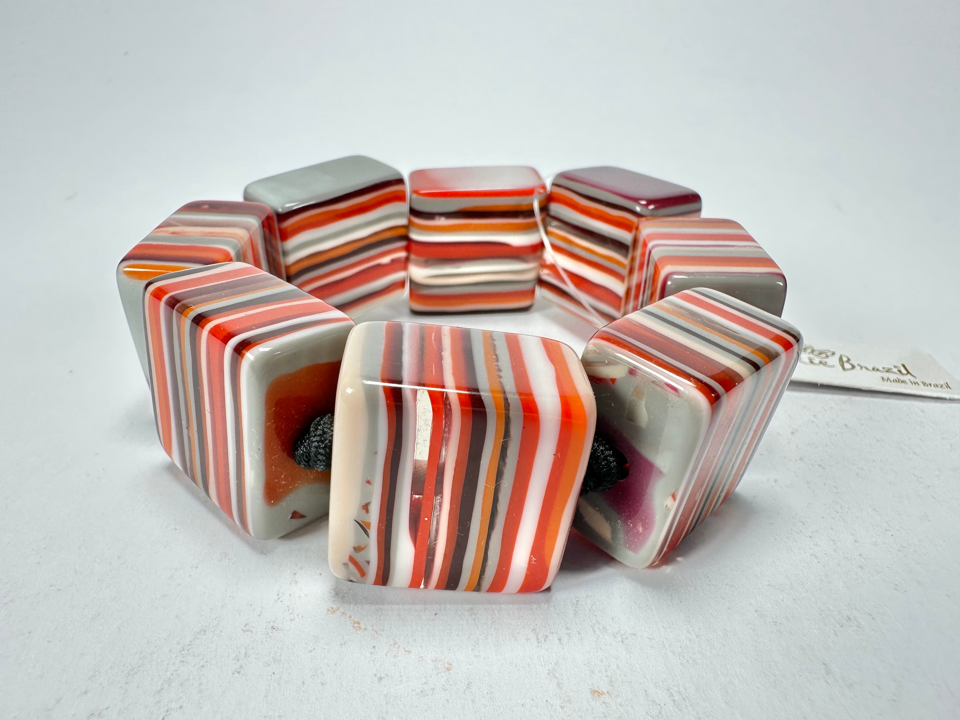 Jackie Brazil "Gala" Liquorice Half Rectangles On Elastic Orange Mix Bracelet ( B0778 )