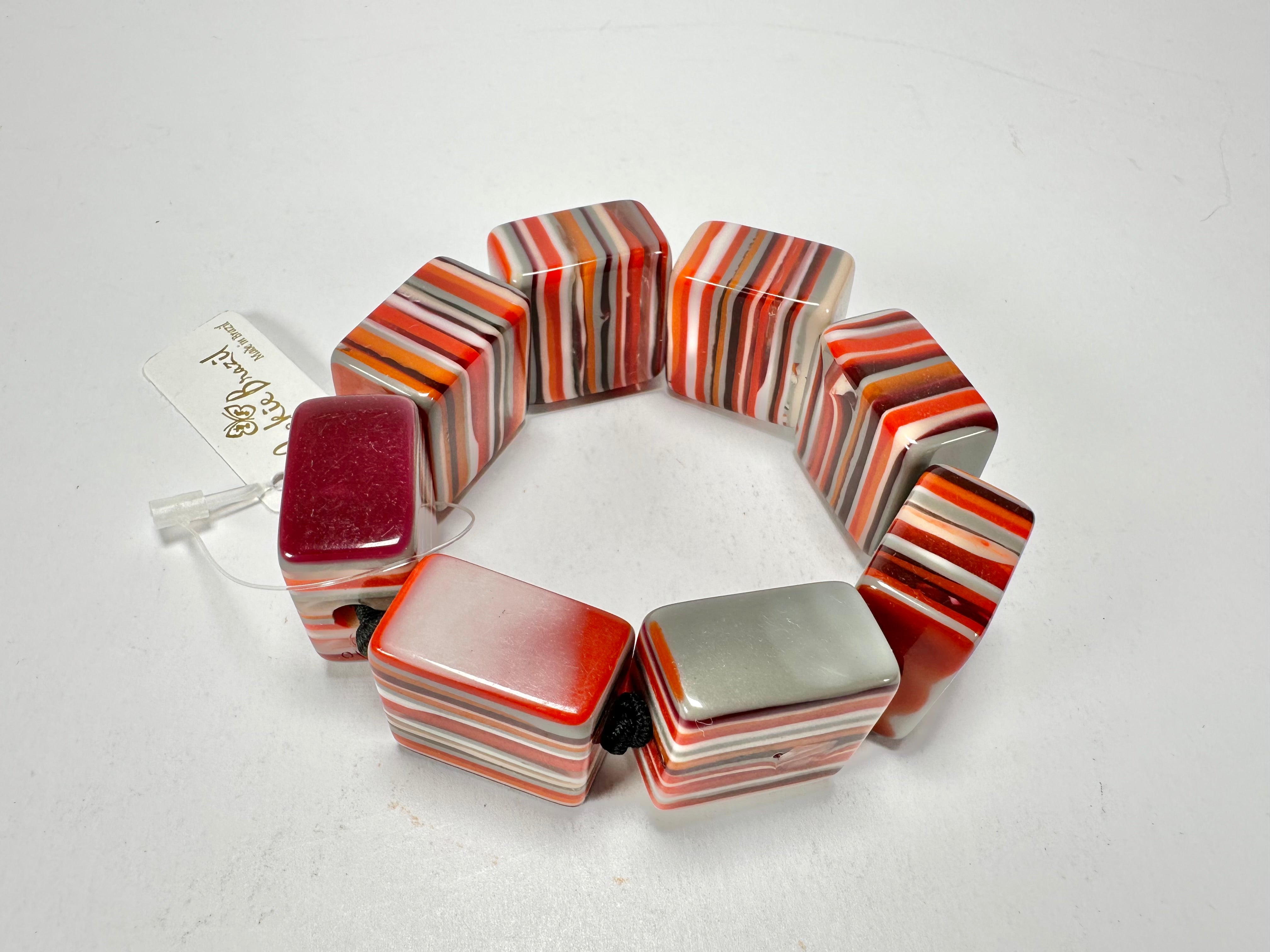 Jackie Brazil "Gala" Liquorice Half Rectangles On Elastic Orange Mix Bracelet ( B0778 )