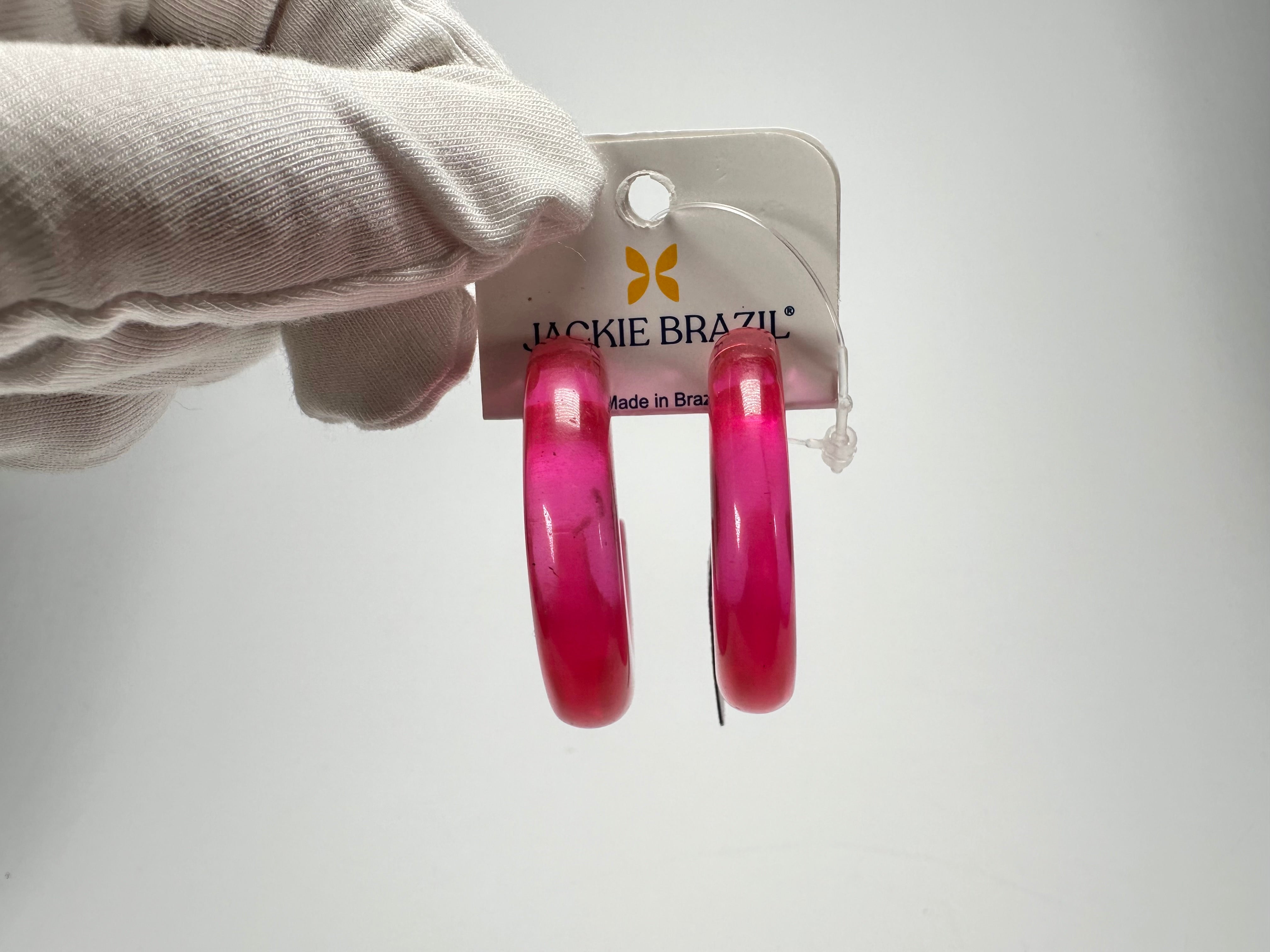Jackie Brazil "Lucia" Transparent Bright Pink Thick Half Hoop On Pin Resin Earrings ( E0035 )