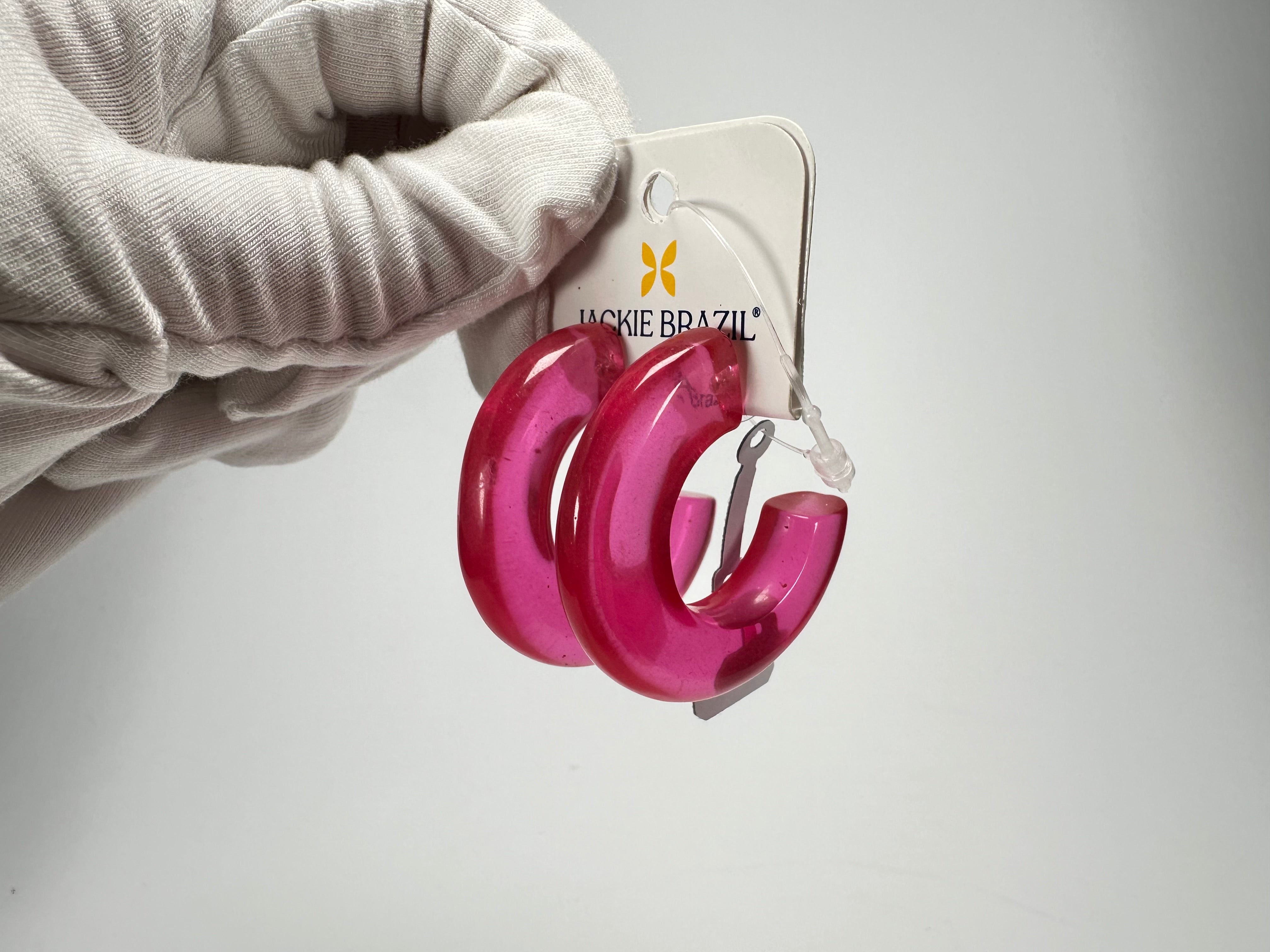 Jackie Brazil "Lucia" Transparent Bright Pink Thick Half Hoop On Pin Resin Earrings ( E0035 )