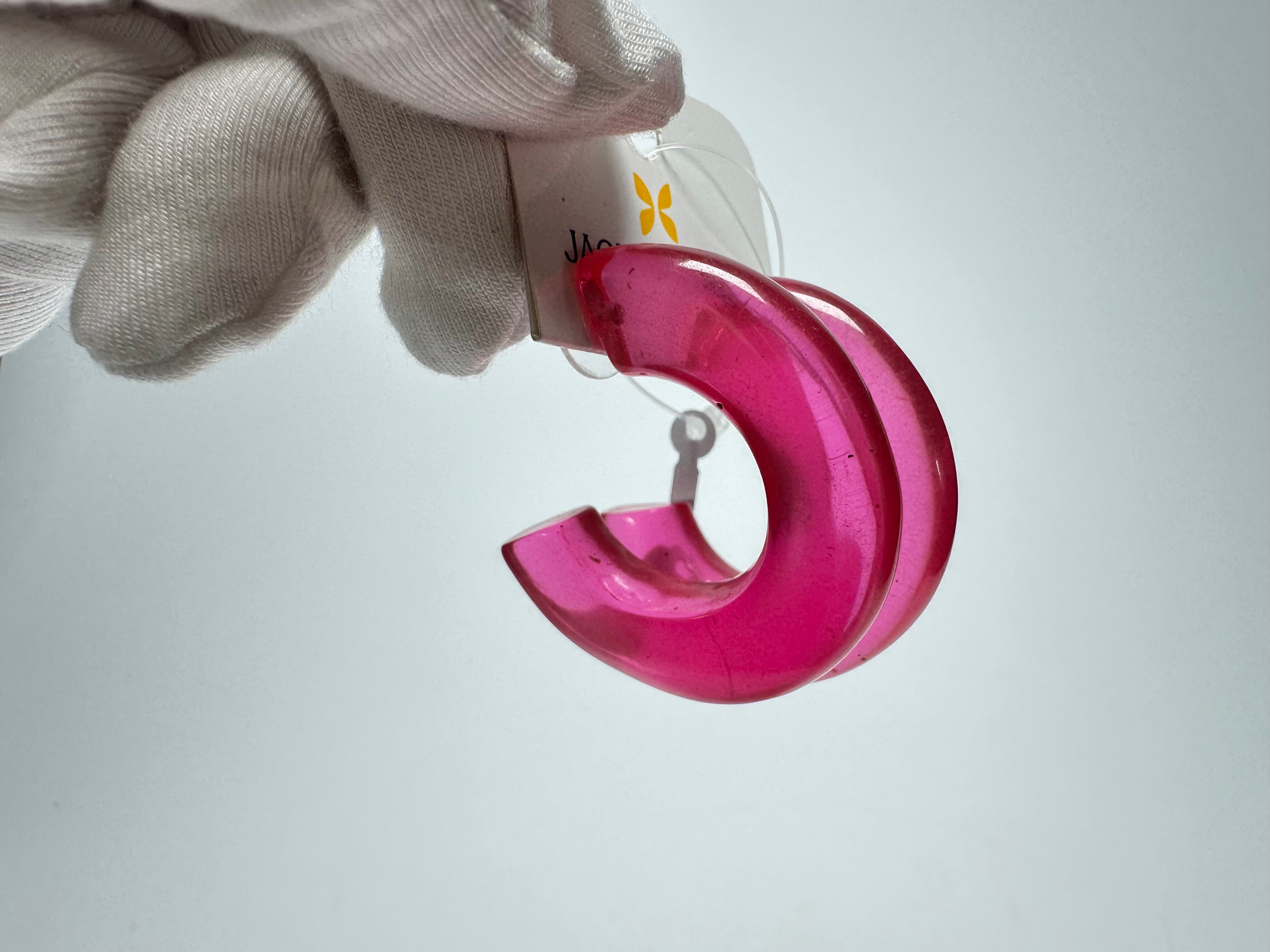 Jackie Brazil "Lucia" Transparent Bright Pink Thick Half Hoop On Pin Resin Earrings ( E0035 )