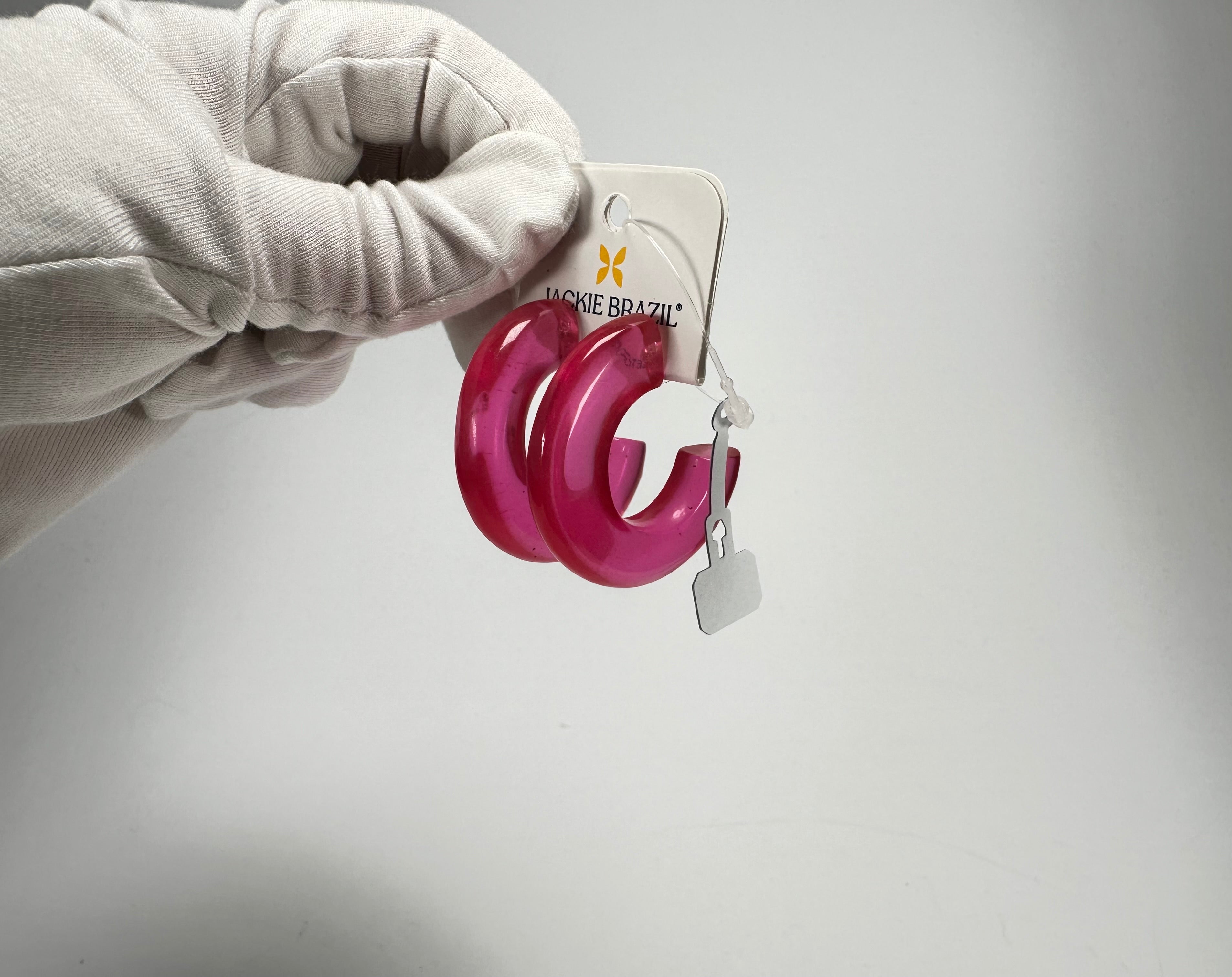 Jackie Brazil "Lucia" Transparent Bright Pink Thick Half Hoop On Pin Resin Earrings ( E0035 )