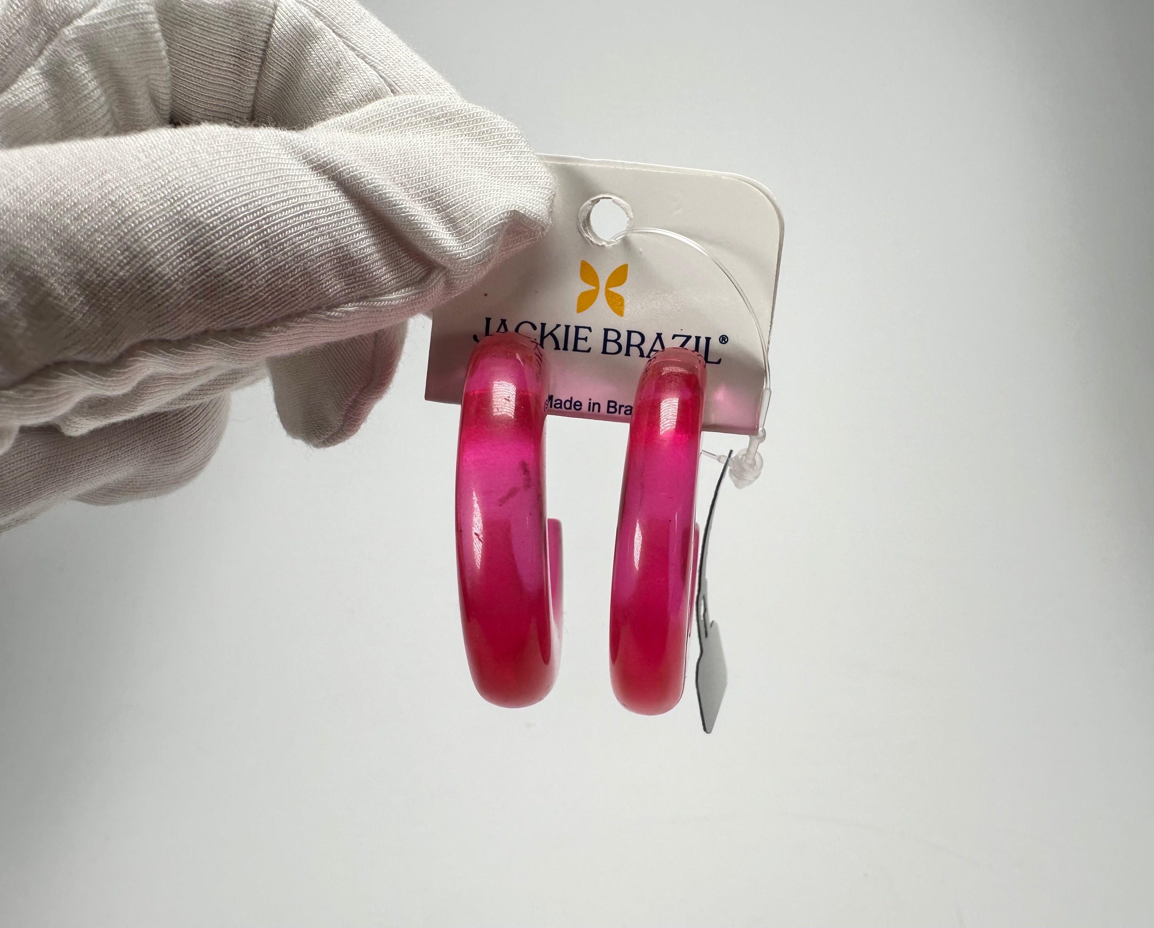 Jackie Brazil "Lucia" Transparent Bright Pink Thick Half Hoop On Pin Resin Earrings ( E0035 )