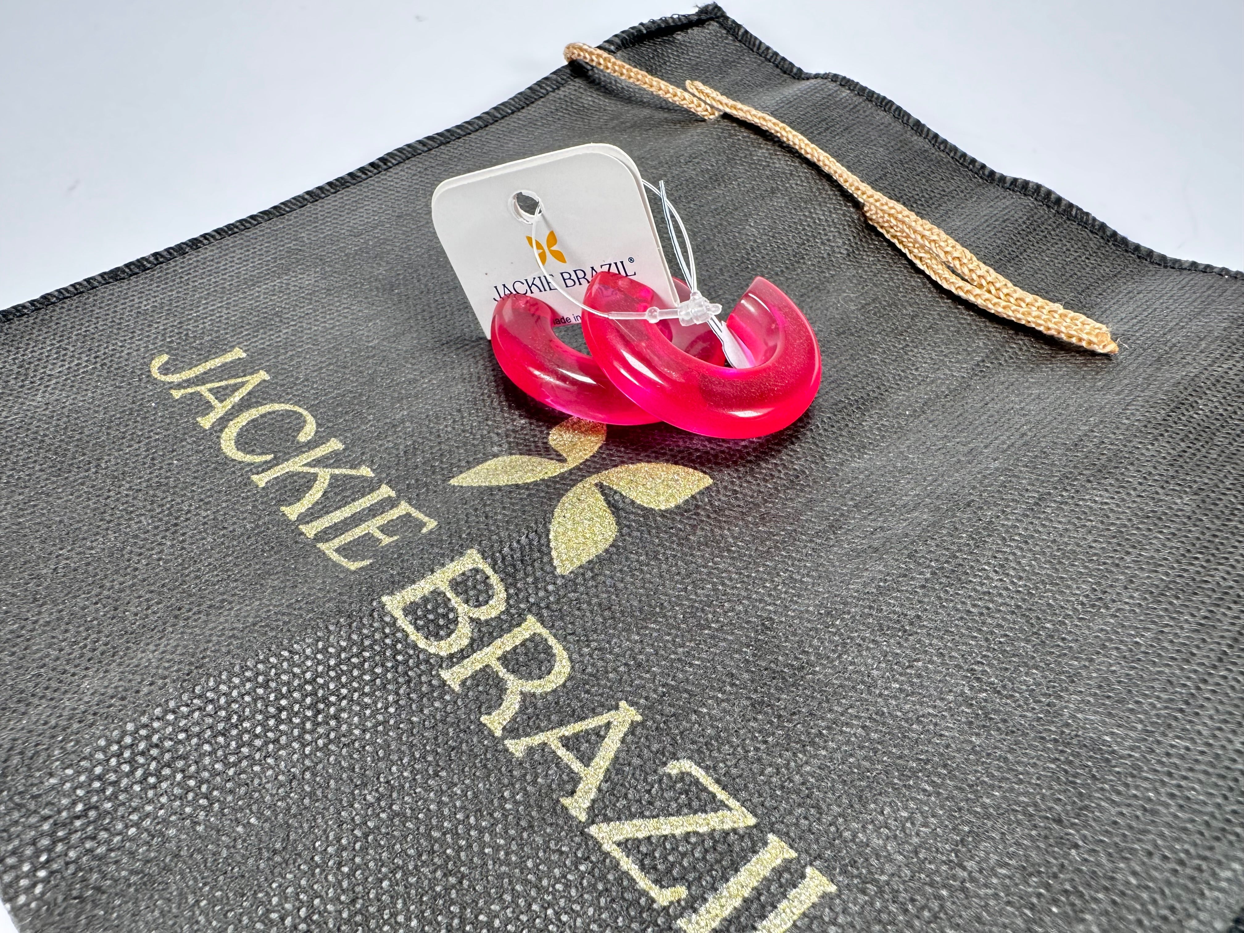 Jackie Brazil "Lucia" Transparent Bright Pink Thick Half Hoop On Pin Resin Earrings ( E0035 )