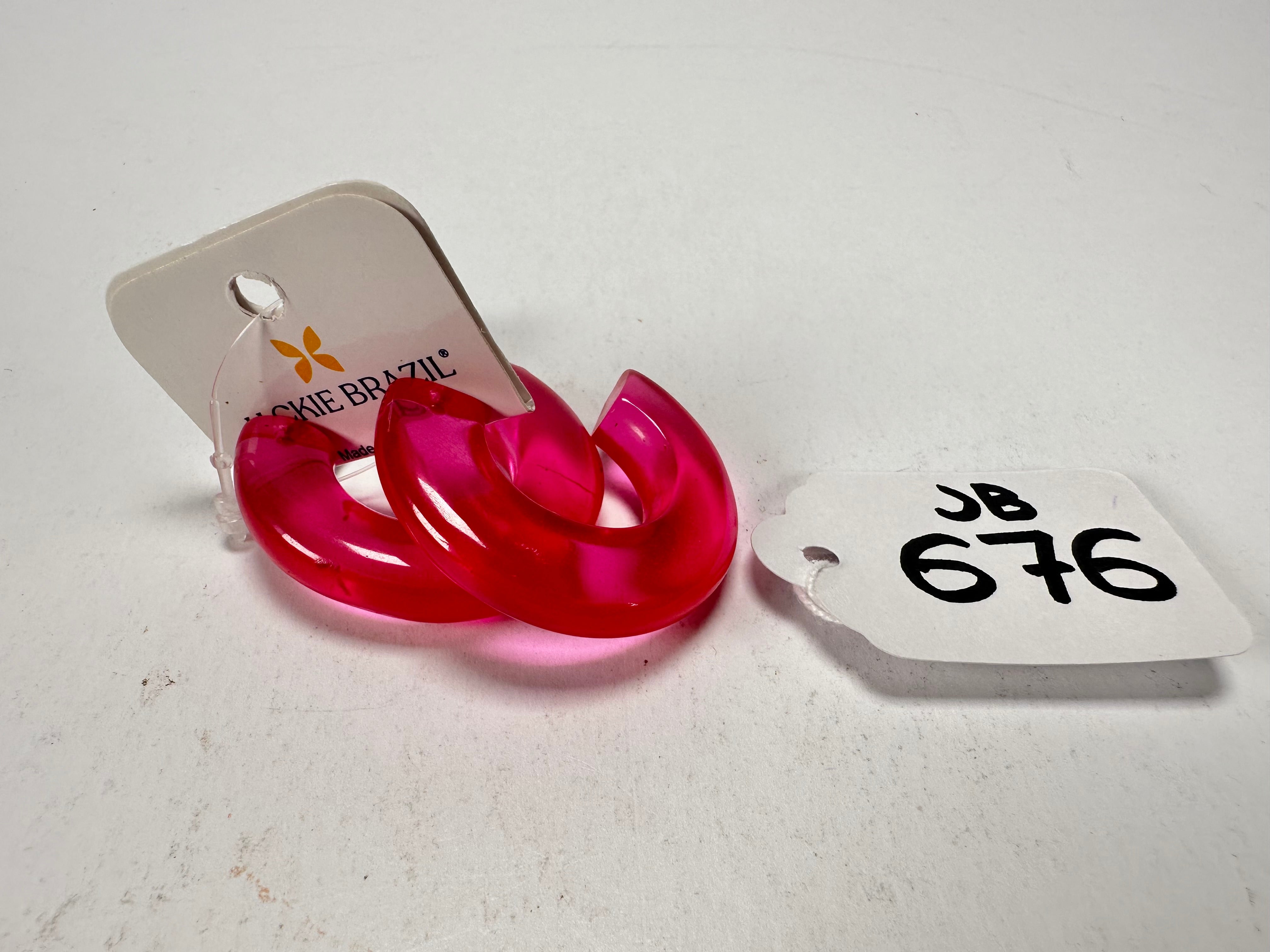 Jackie Brazil "Lucia" Transparent Bright Pink Thick Half Hoop On Pin Resin Earrings ( E0035 )