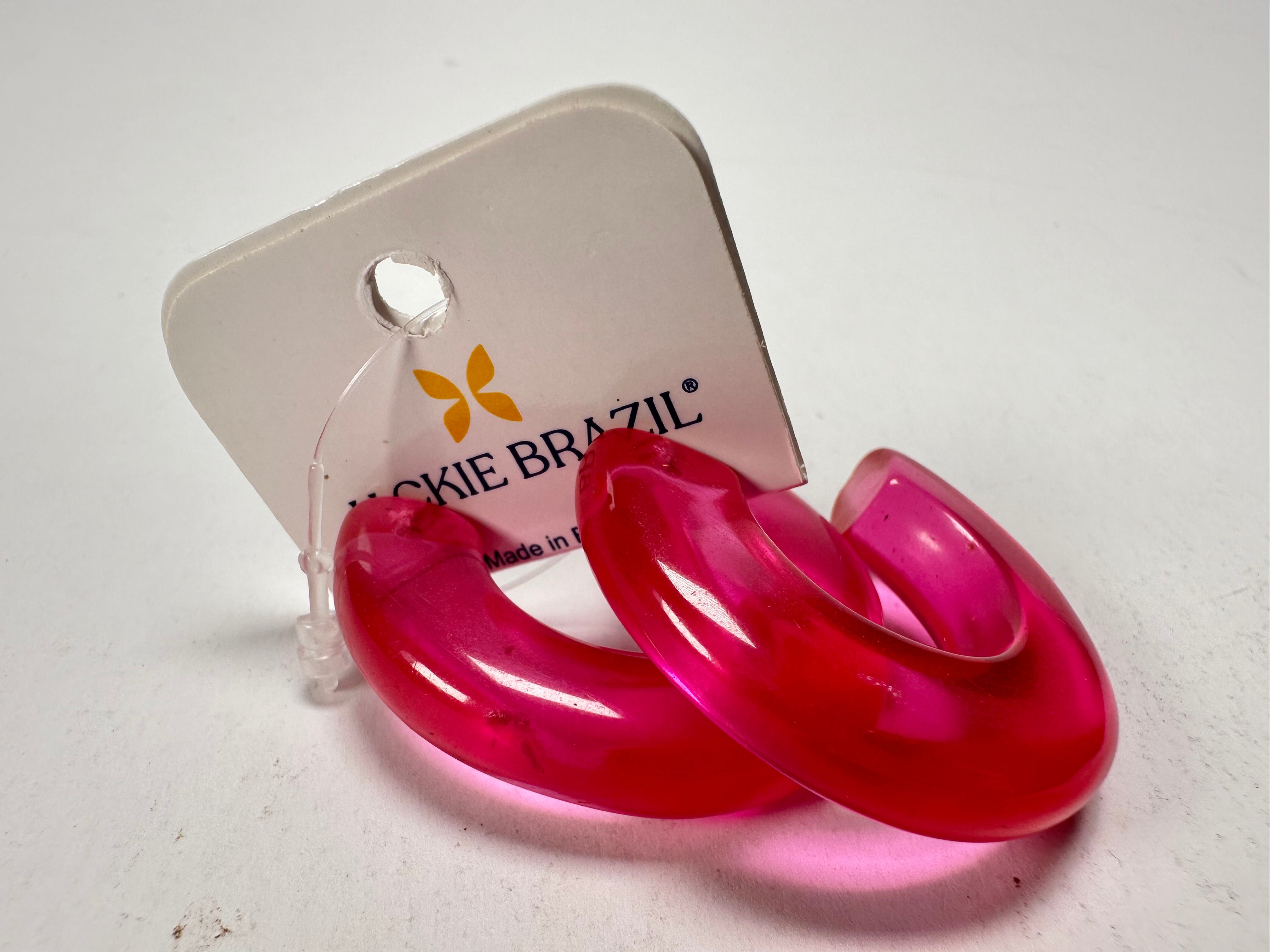 Jackie Brazil "Lucia" Transparent Bright Pink Thick Half Hoop On Pin Resin Earrings ( E0035 )