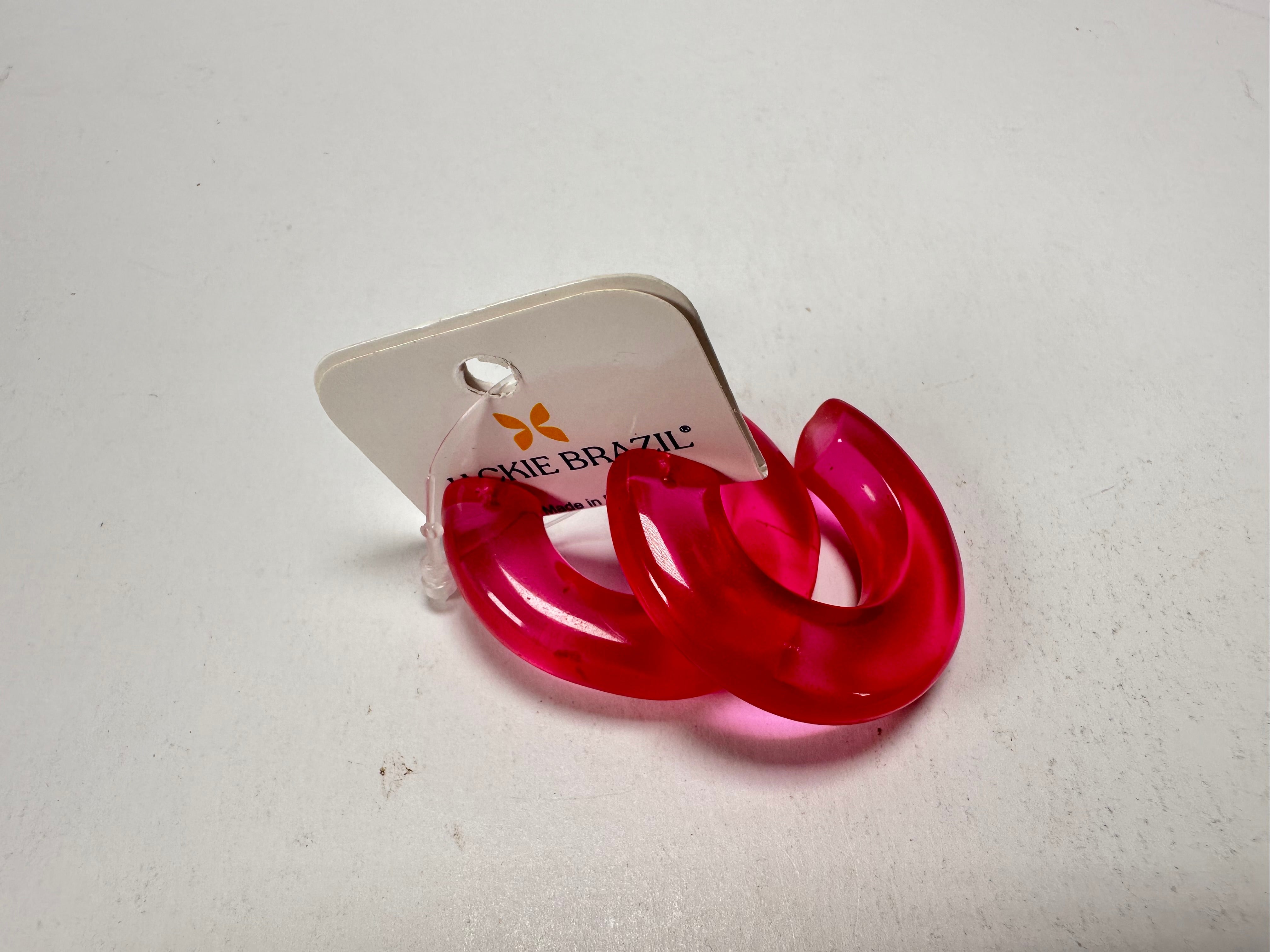 Jackie Brazil "Lucia" Transparent Bright Pink Thick Half Hoop On Pin Resin Earrings ( E0035 )