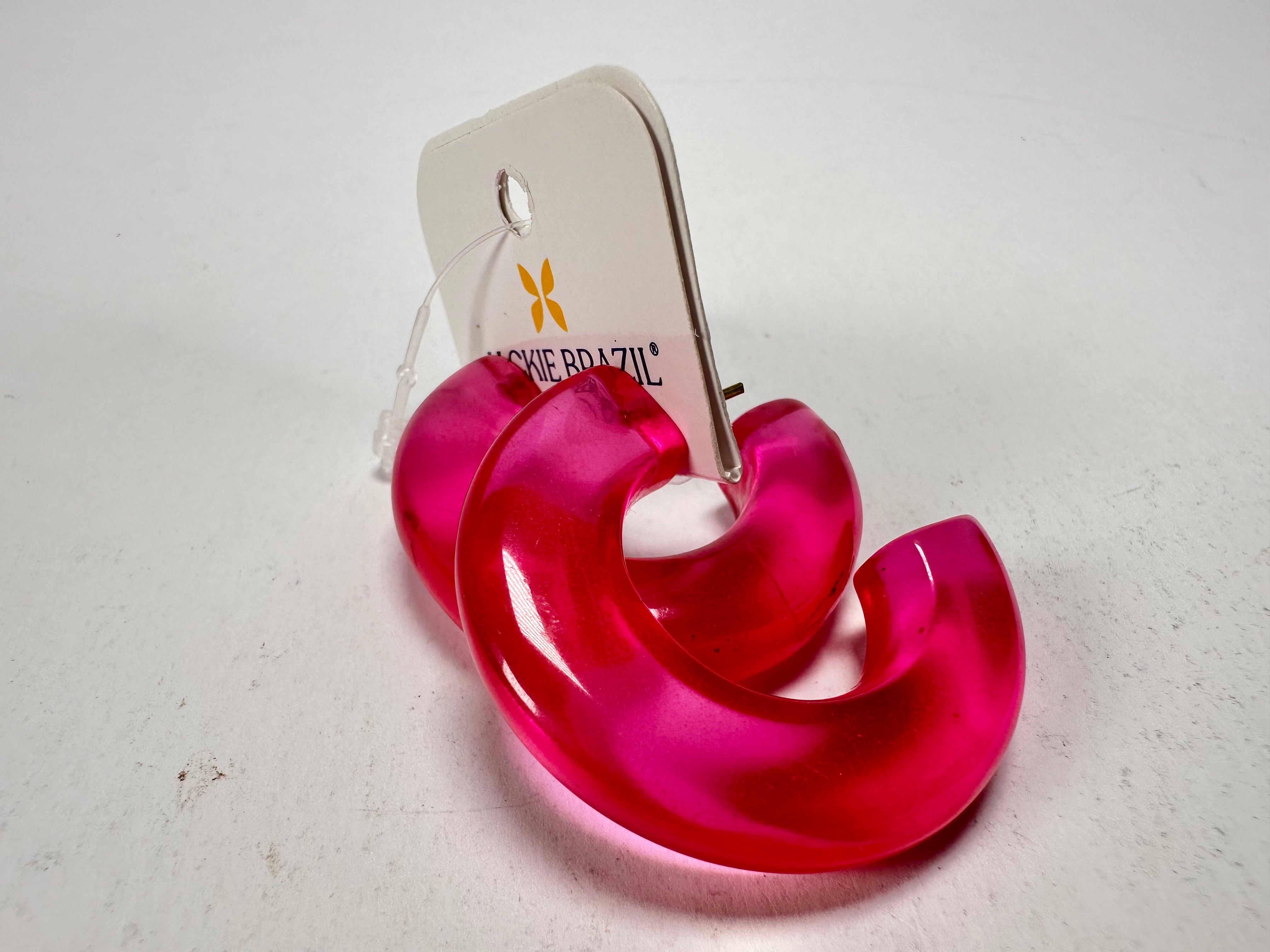 Jackie Brazil "Lucia" Transparent Bright Pink Thick Half Hoop On Pin Resin Earrings ( E0035 )