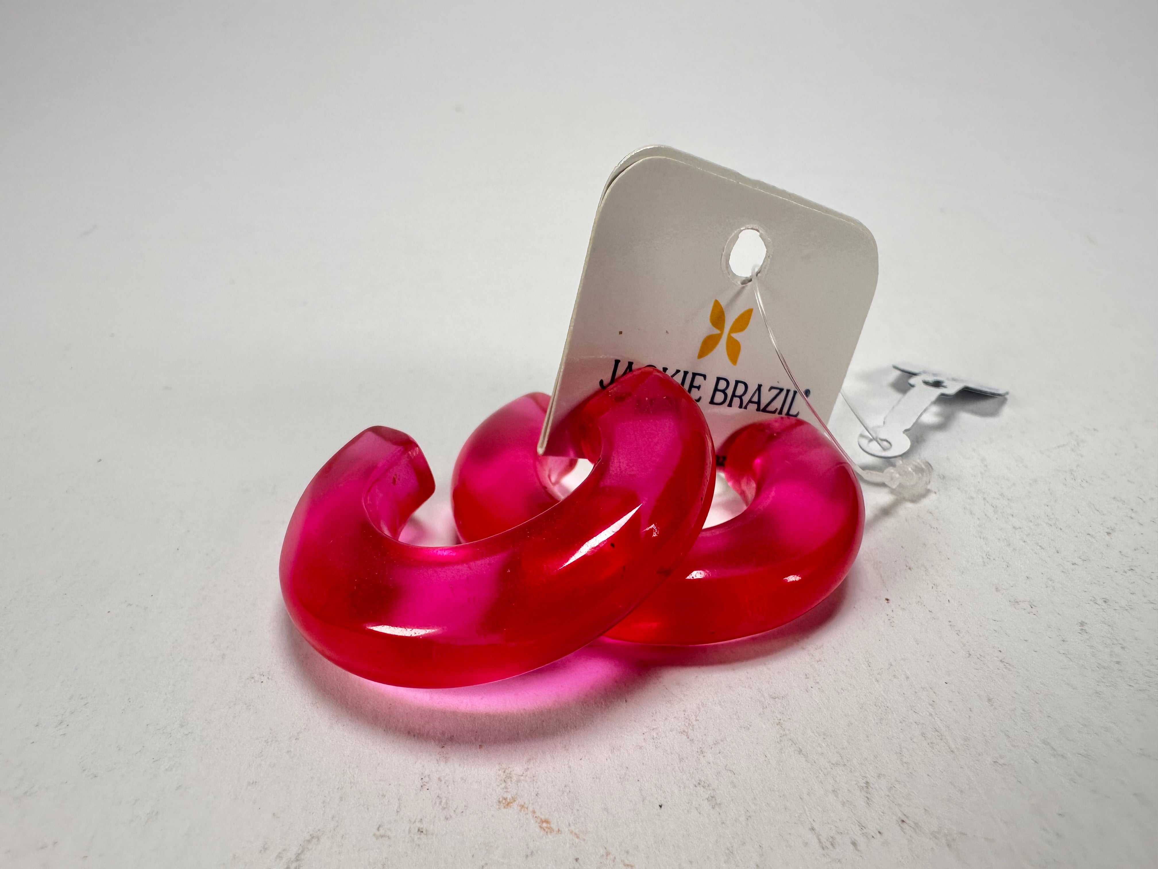 Jackie Brazil "Lucia" Transparent Bright Pink Thick Half Hoop On Pin Resin Earrings ( E0035 )
