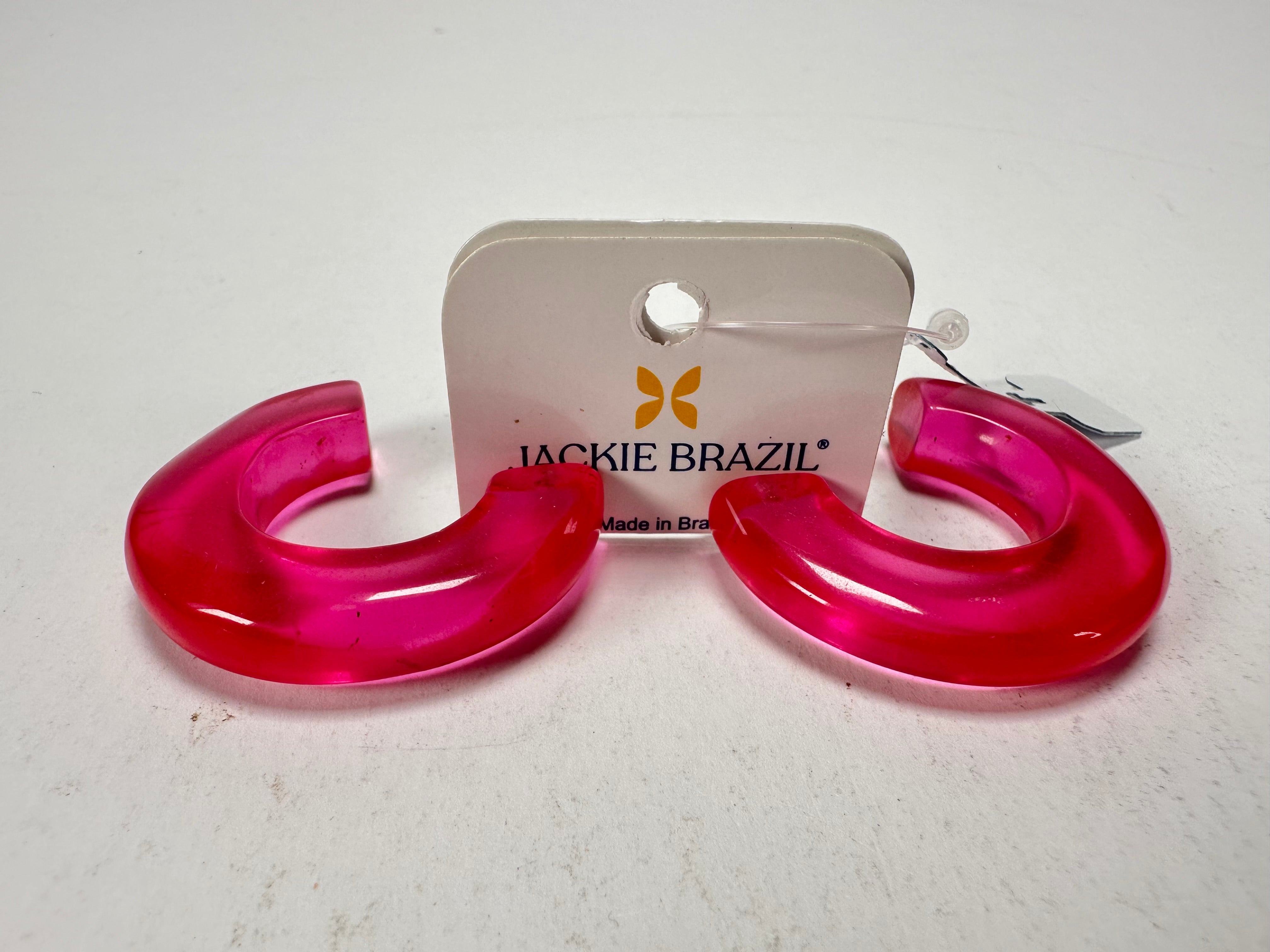 Jackie Brazil "Lucia" Transparent Bright Pink Thick Half Hoop On Pin Resin Earrings ( E0035 )