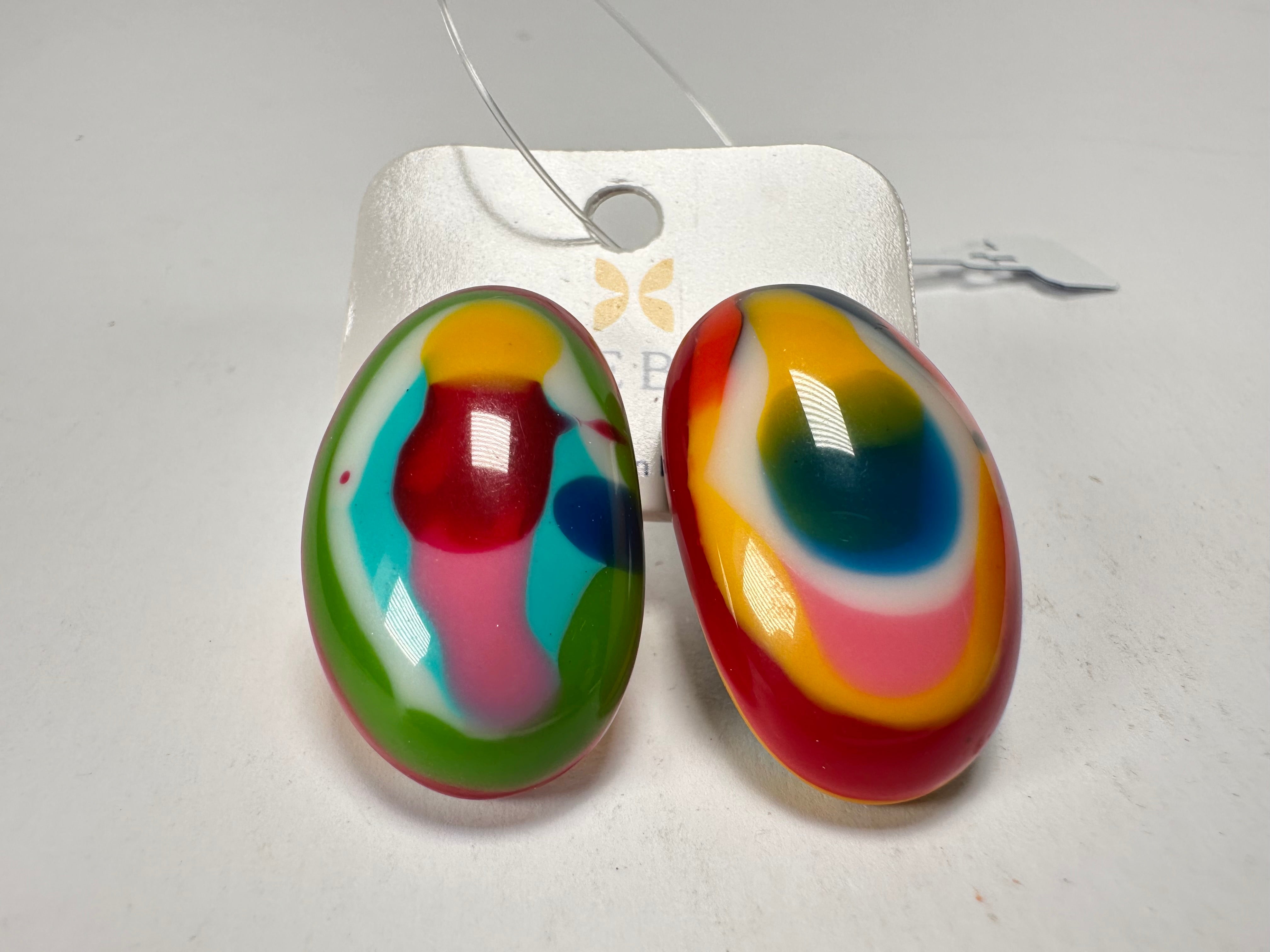 Jackie Brazil "Oval" Kandinsky Single Stone Pendant Stud Resin Earrings ( E3608 )
